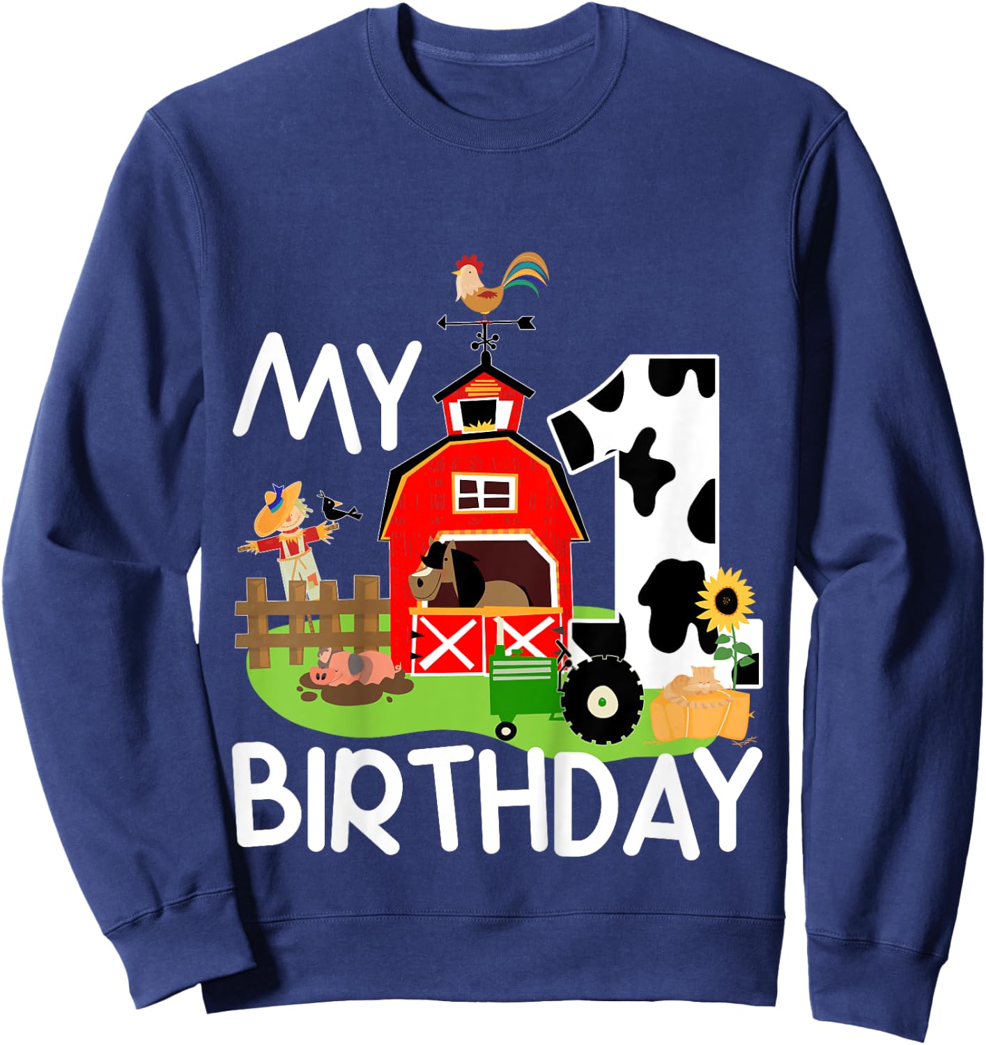 1st Birthday Shirt Farm Tractor Pig Horse Cow Chicken Cat for Kids Sweatshirt - Sweatshirt | Navy