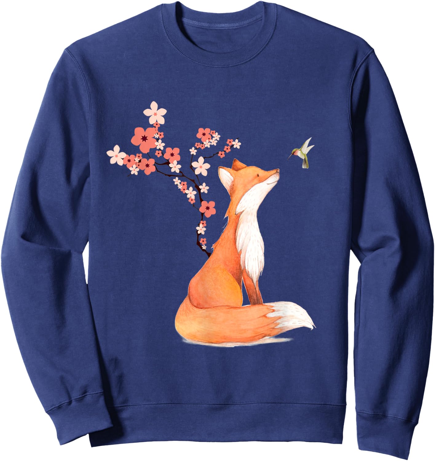 The Cute Fox And Hummingbird Cherry Blossom Flower Present Sweatshirt - Sweatshirt | Navy