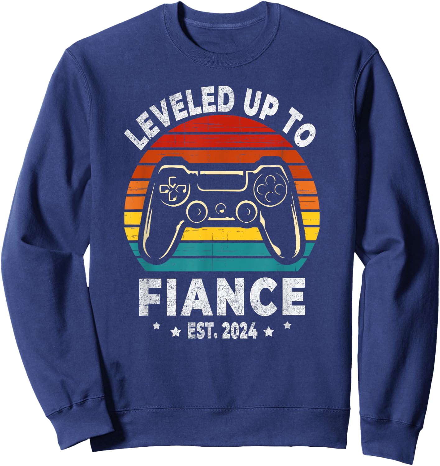 Leveled Up To Fiance 2024 Retro Newly Engaged Men's Black Small Retro Gaming Men Sweatshirt - Sweatshirt | Navy