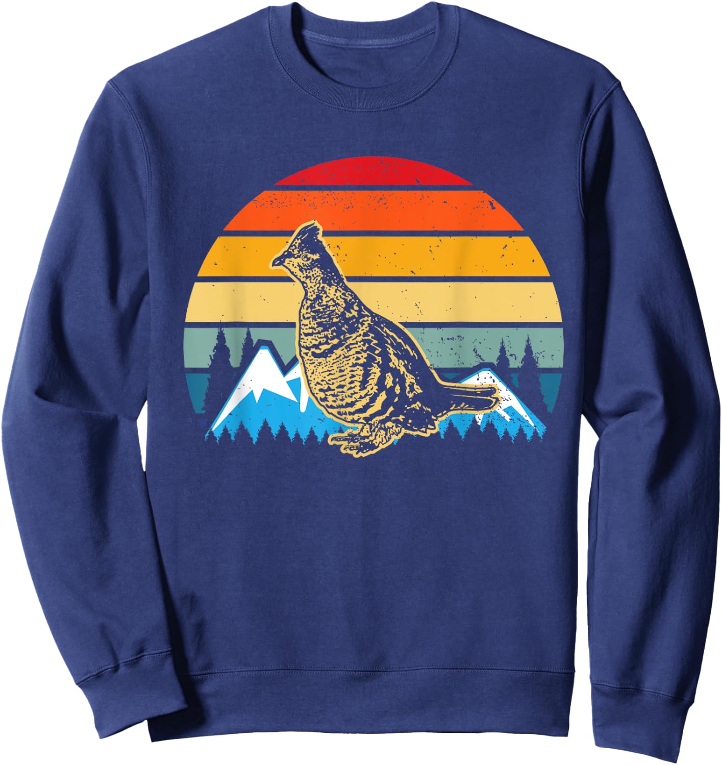 Hunting Ruffed Grouse bird- retro sunset and Hunter Sweatshirt - Sweatshirt | Navy