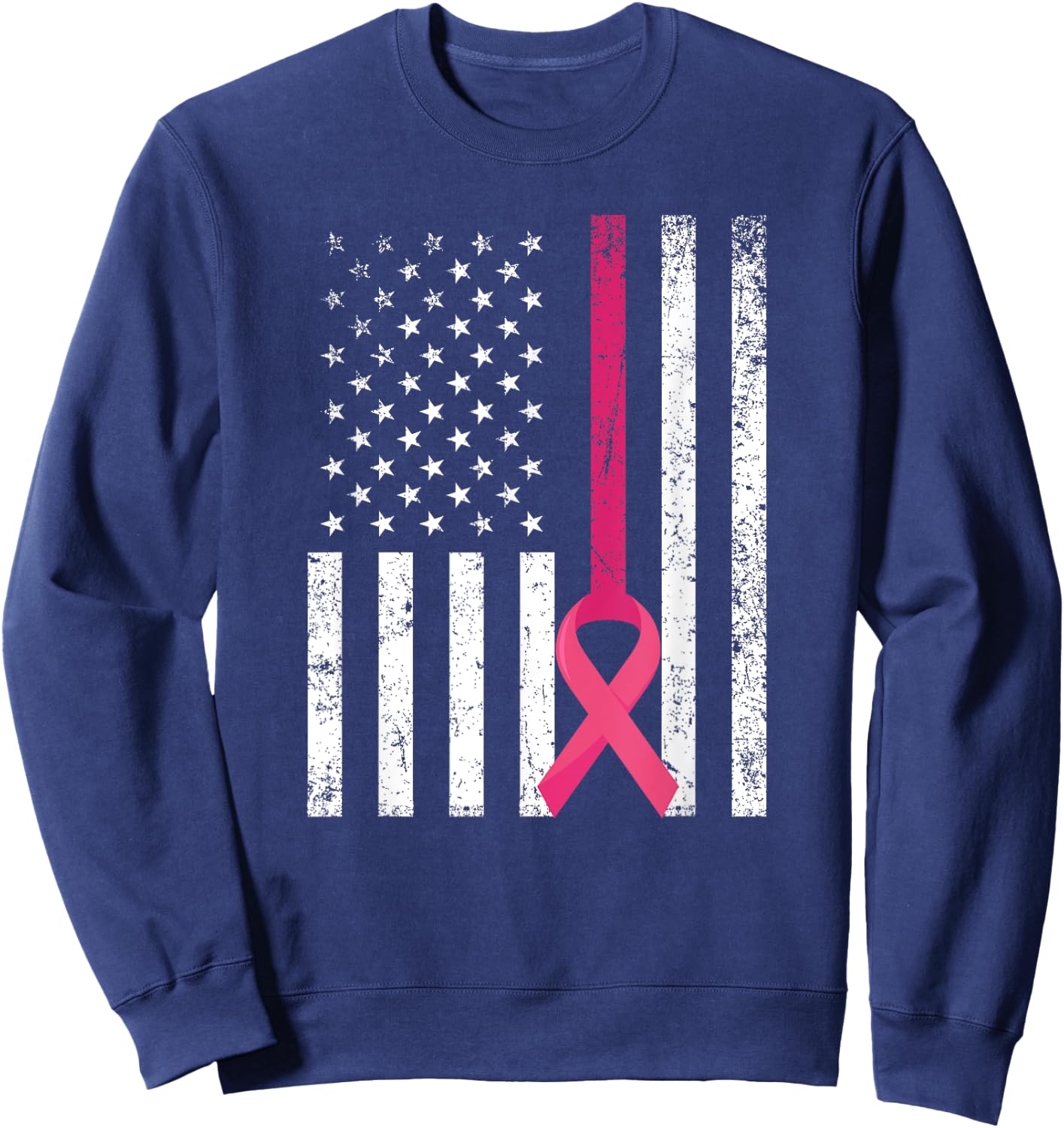 Breast Cancer Awareness Support Pink Ribbon American Flag Sweatshirt - Sweatshirt | Navy