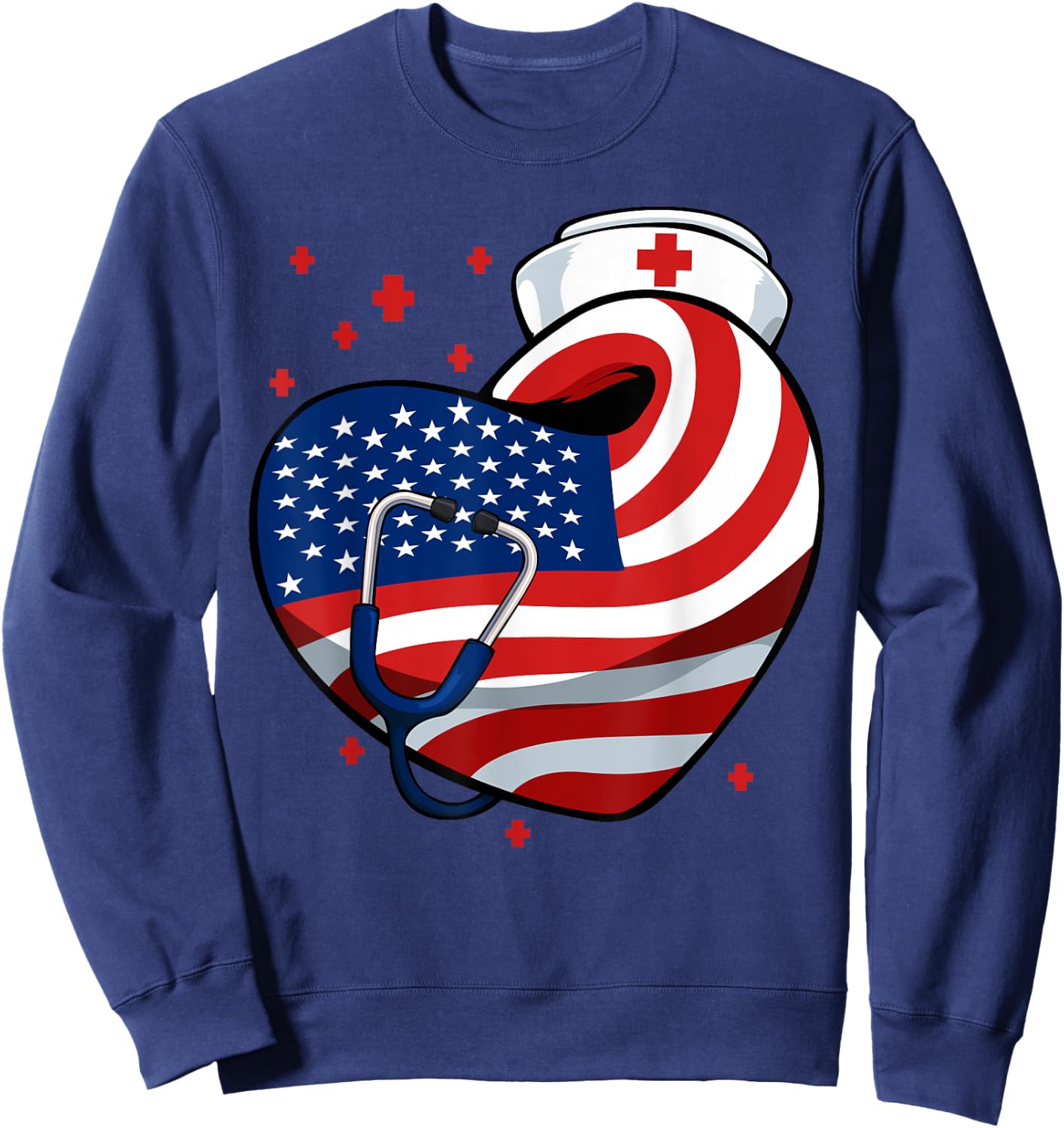 Patriotic Nurse 4th Of July American Flag Heart Stethoscope Sweatshirt - Sweatshirt | Navy