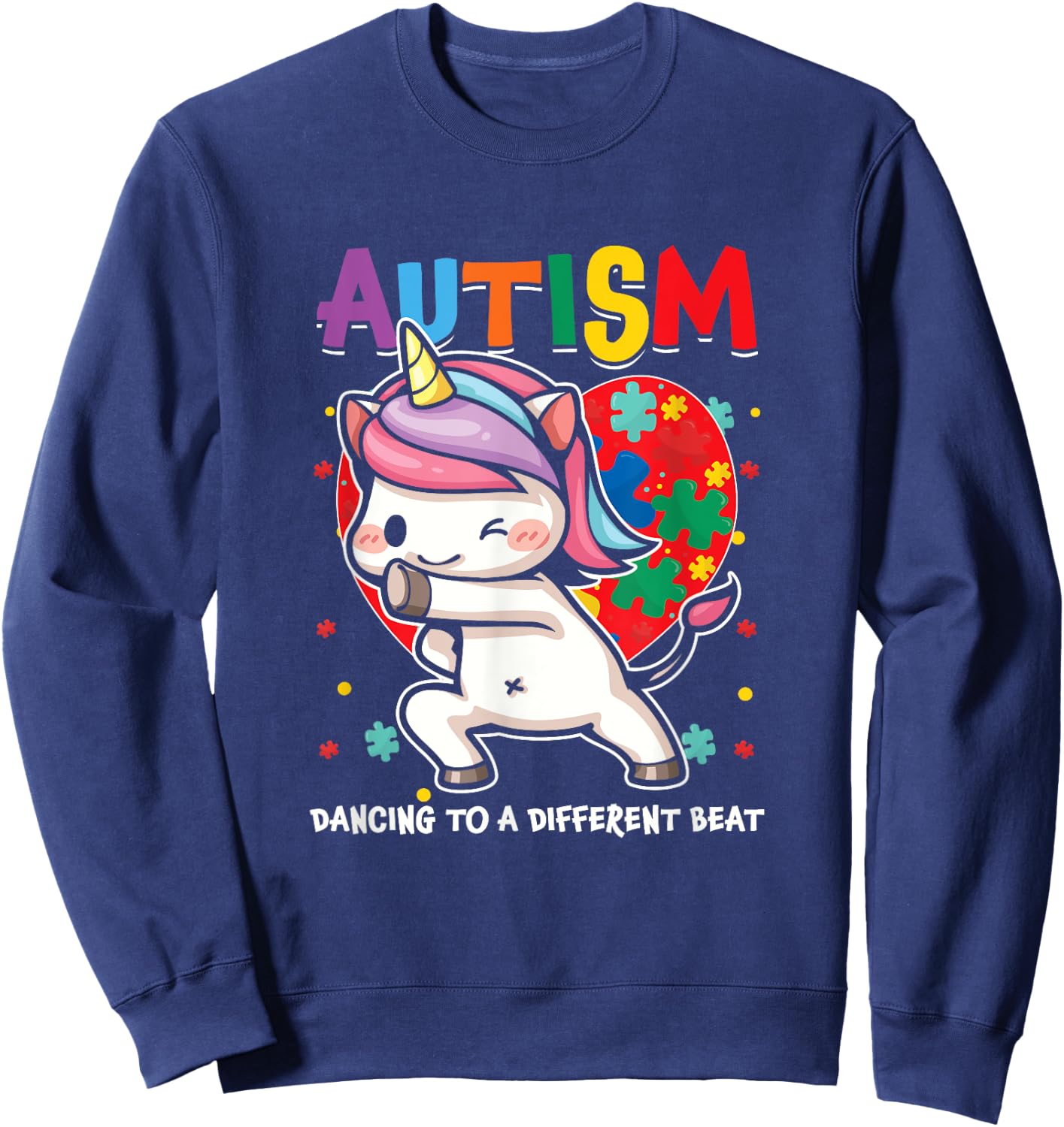 Autistic Unicorn Autism Awareness Heart Ribbon Puzzle Health Sweatshirt - Sweatshirt | Navy