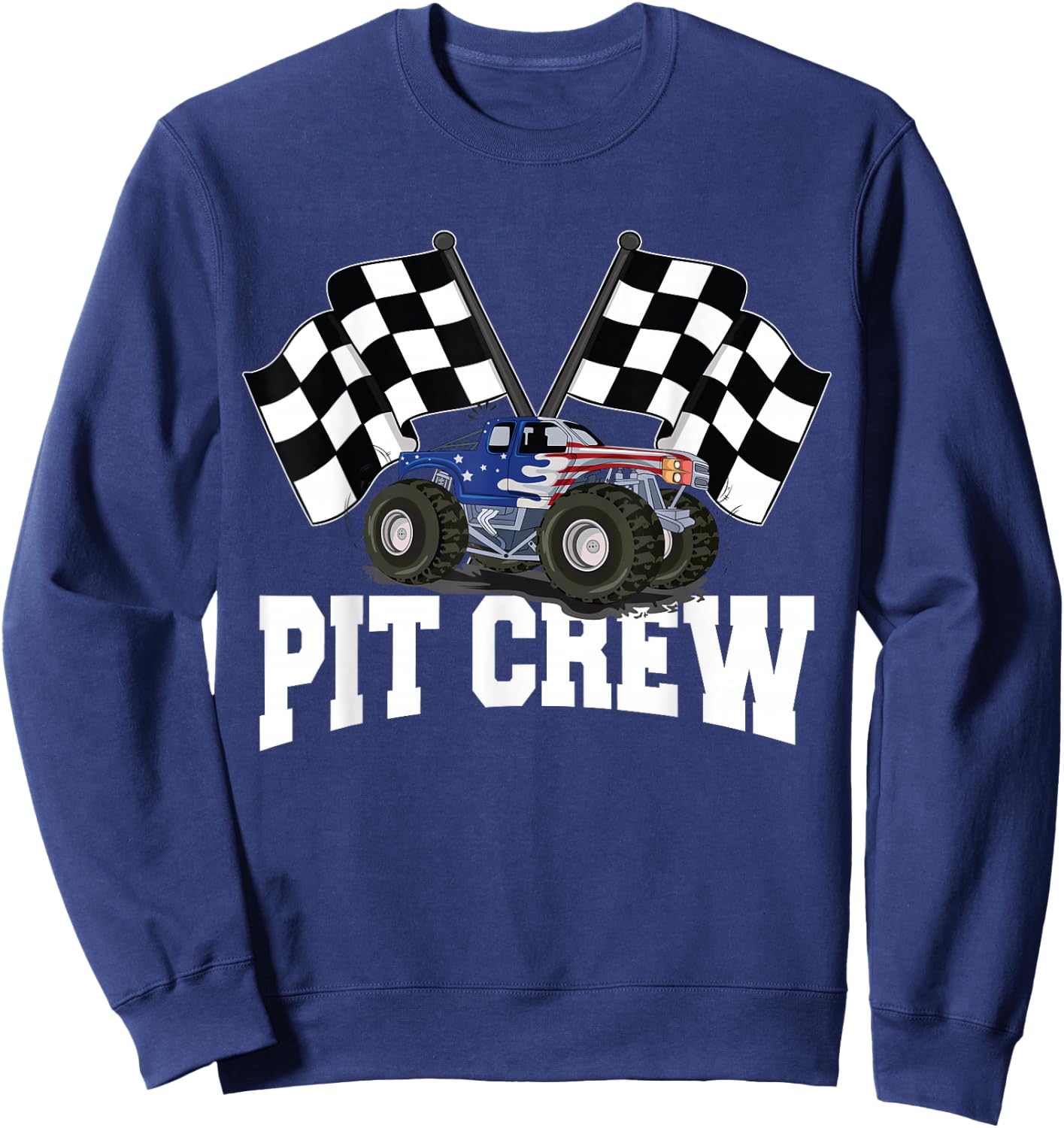 Pit Crew USA Monster Truck Racing Party And Checked Flag Sweatshirt - Sweatshirt | Navy