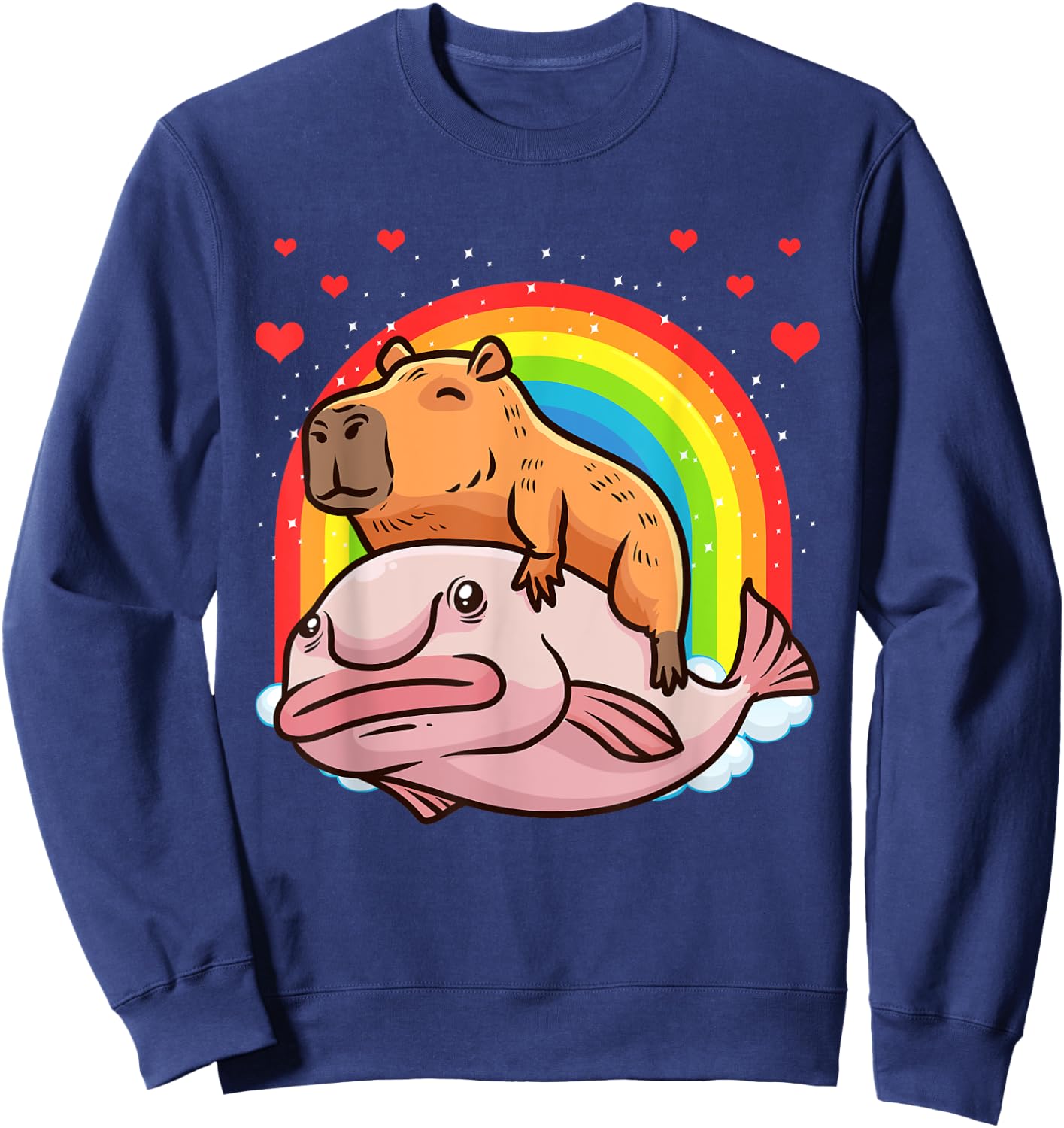 Capybara Giant Cavy Rodent With Rainbow Hearts Blobfish Sweatshirt - Sweatshirt | Navy