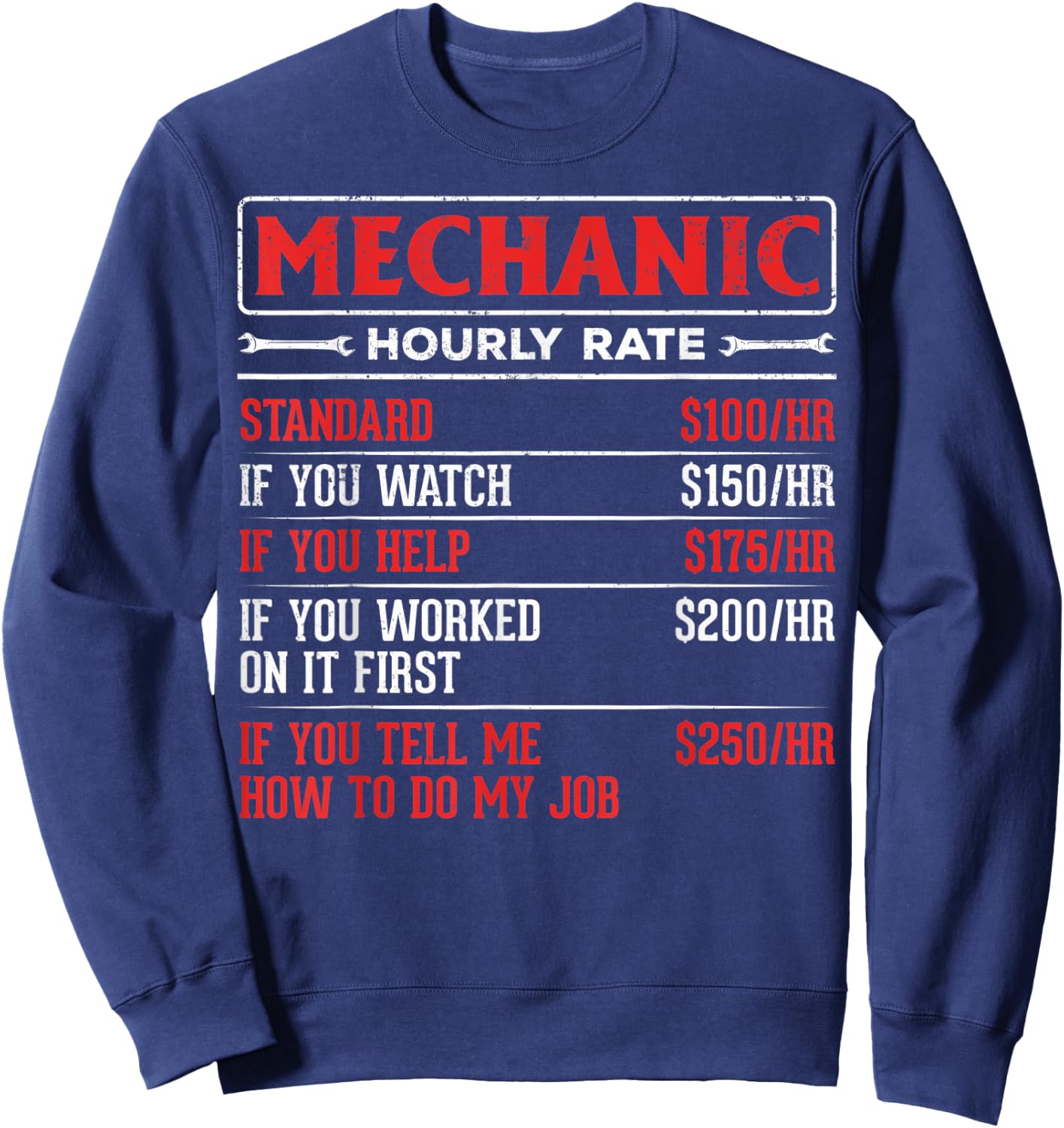 Garage Mechanics Rate Mechanic Hourly Rate Auto Mechanics Sweatshirt - Sweatshirt | Navy