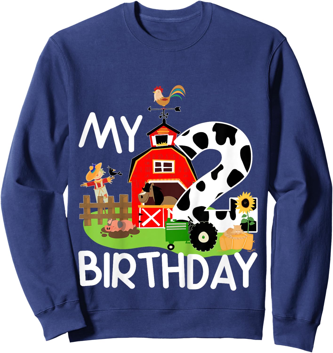2nd Birthday Shirt Farm Tractor Pig Horse Cow Chicken Cat Girls Kids Sweatshirt - Sweatshirt | Navy