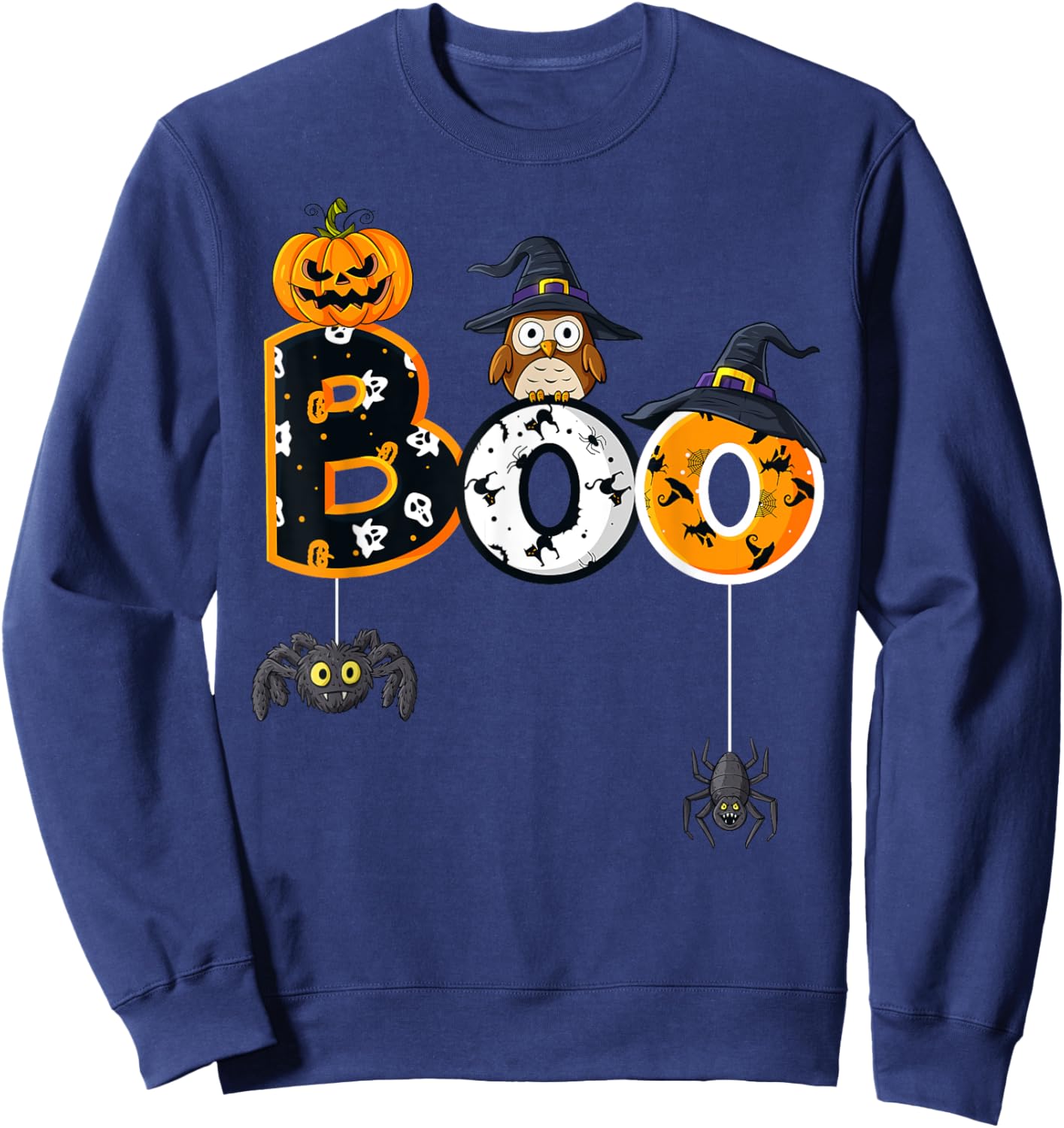 Halloween Boo Owl With Witch Hat Spiders Boys Girls Kids Sweatshirt - Sweatshirt | Navy