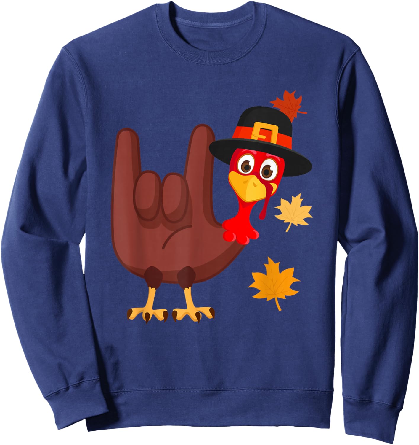 Zone - 365 Thanksgiving ASL Funny Turkey -Adults Black Modern Cartoon Sweatshirt - Sweatshirt | Navy