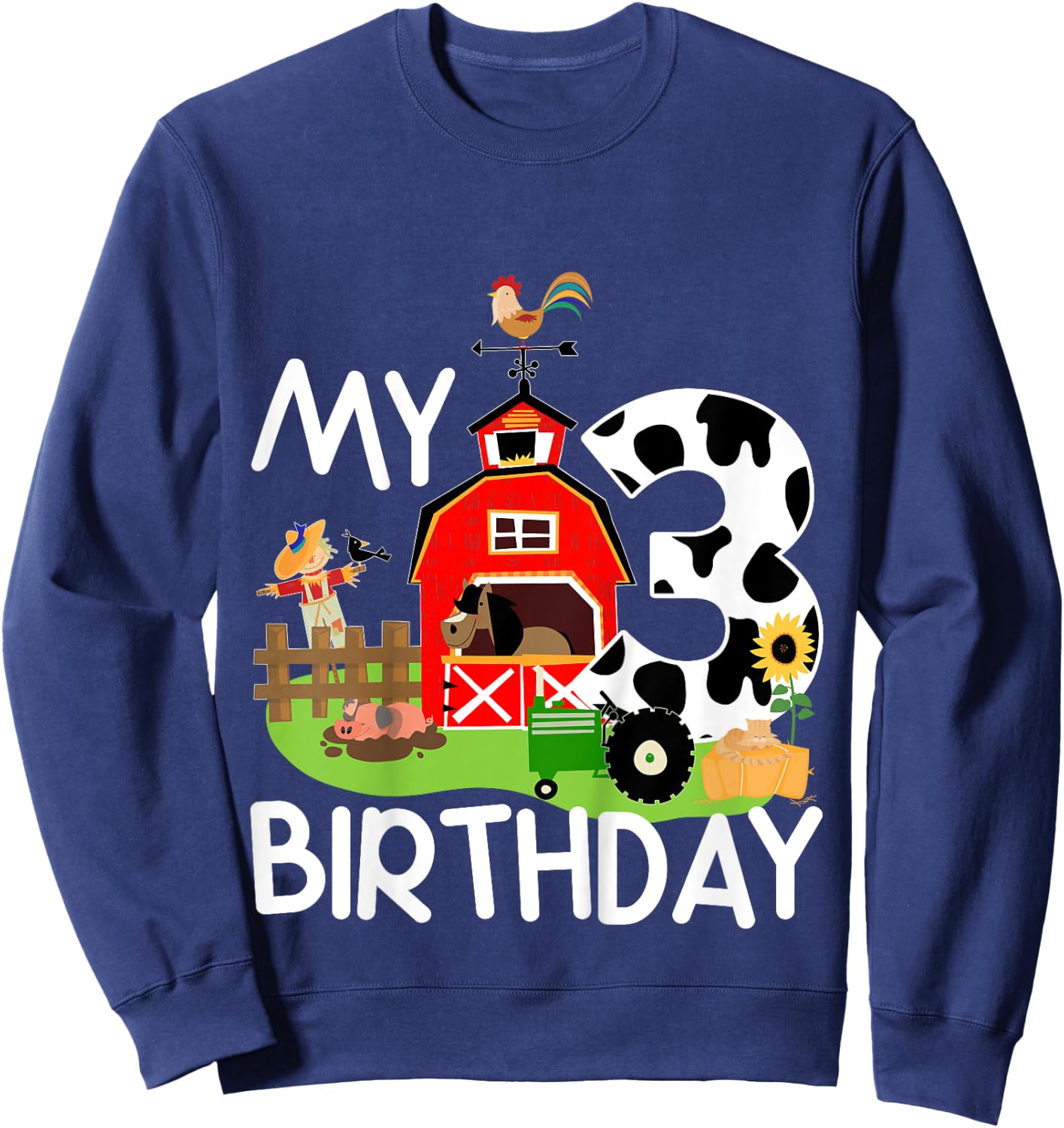3rd Birthday Shirt Farm Tractor Pig Horse Cow Chicken Cat for Girls Kids Sweatshirt - Sweatshirt | Navy