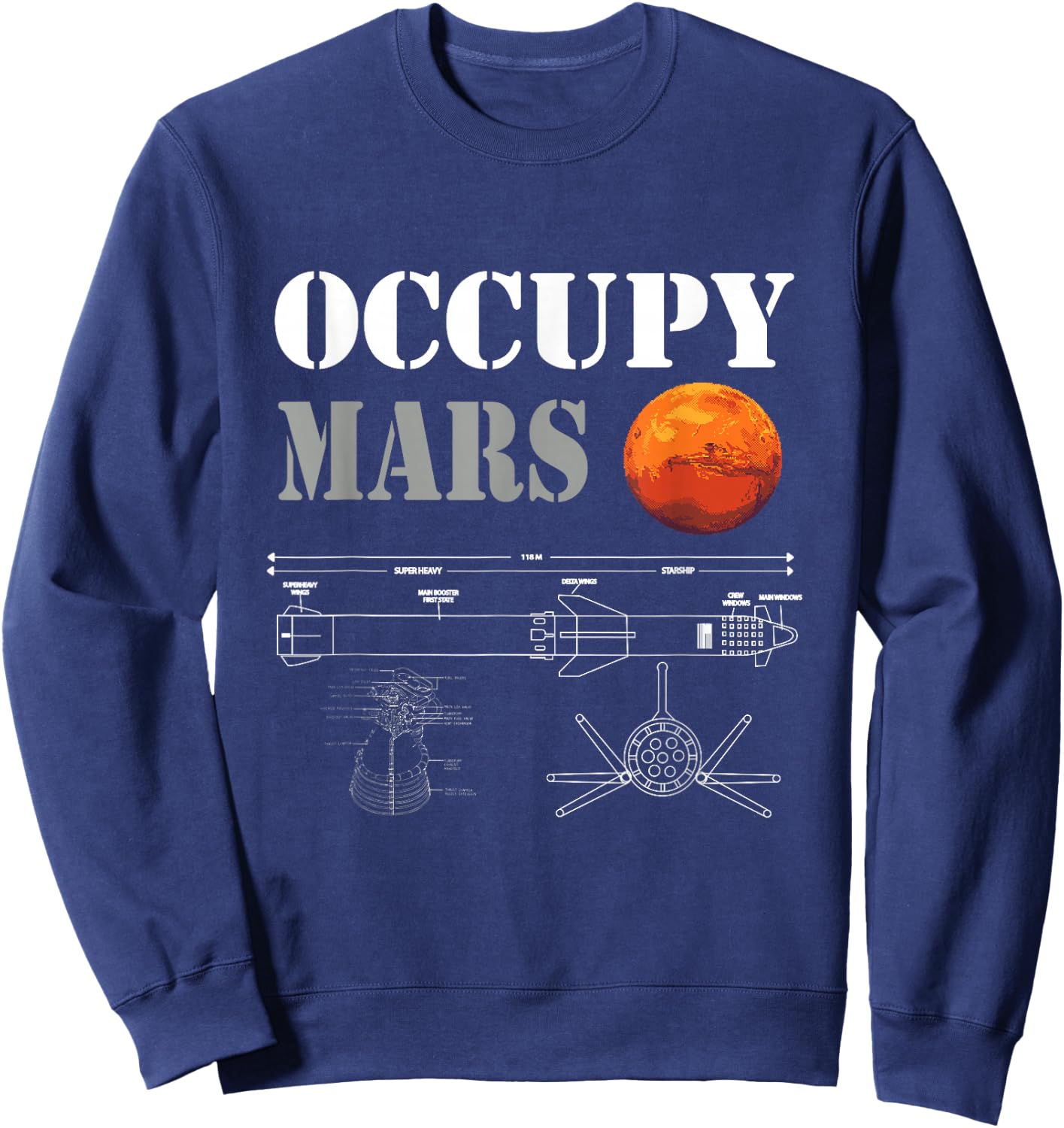 Occupy Mars Space Rocket Blueprint Sweatshirt - Sweatshirt | Navy