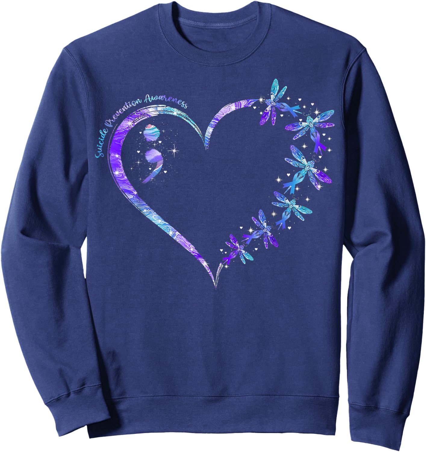Suicide Prevention Awareness Week Heart Semicolon Dragonfly Sweatshirt - Sweatshirt | Navy