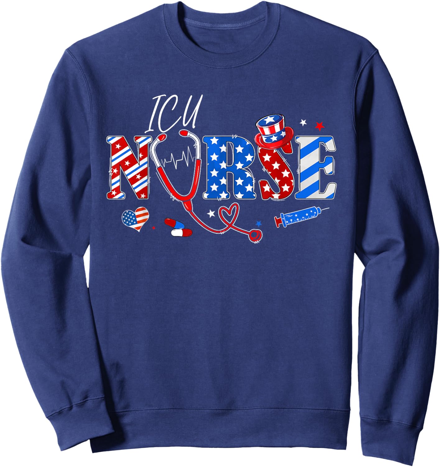 Stethoscope ICU Nurse American Flag Funny 4th Of July Men Sweatshirt - Sweatshirt | Navy