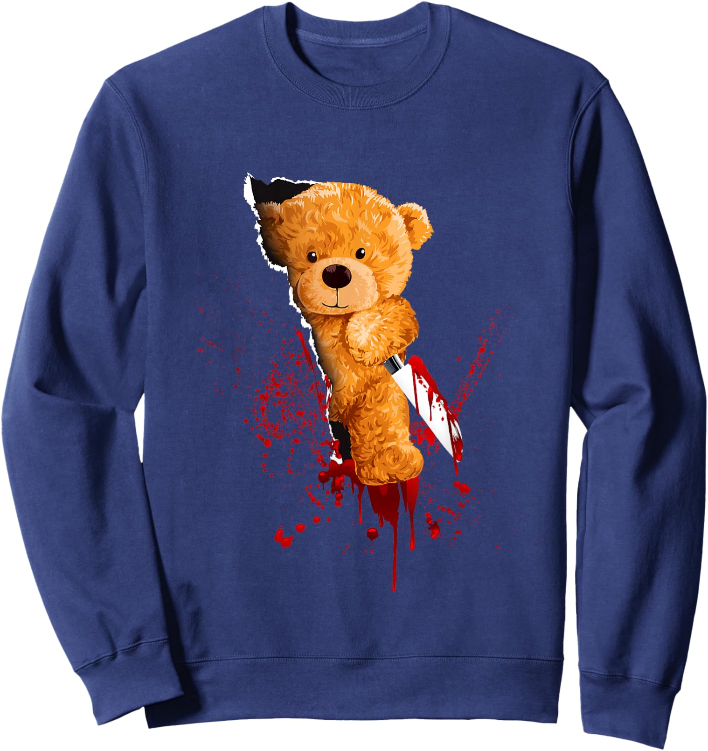 Horror Teddy Bear Cuts Through Fabric Halloween Blood Fun Sweatshirt - Sweatshirt | Navy