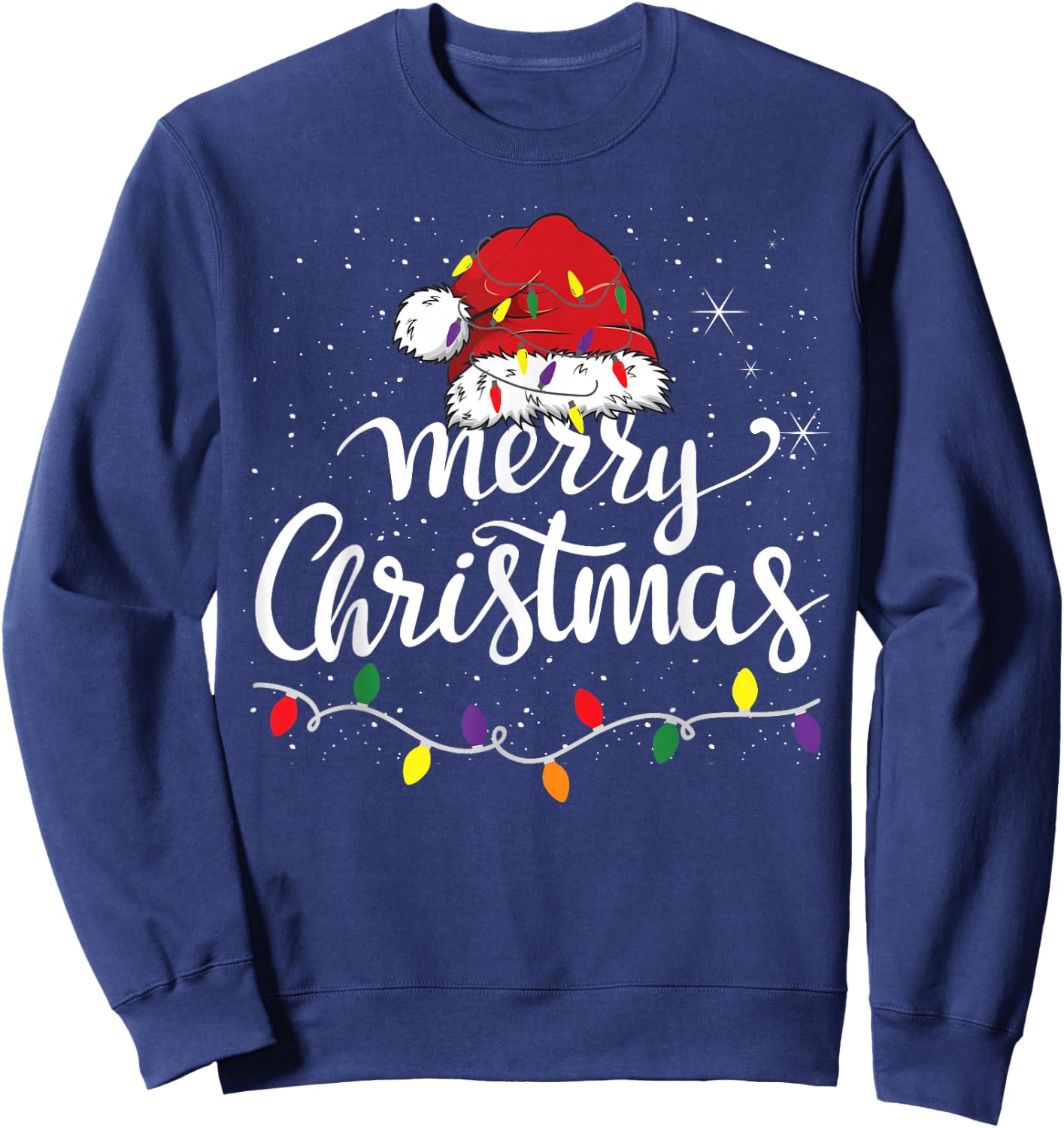 Merry Christmas Lights Red Santa Hat Xmas Family Men Women Sweatshirt - Sweatshirt | Navy