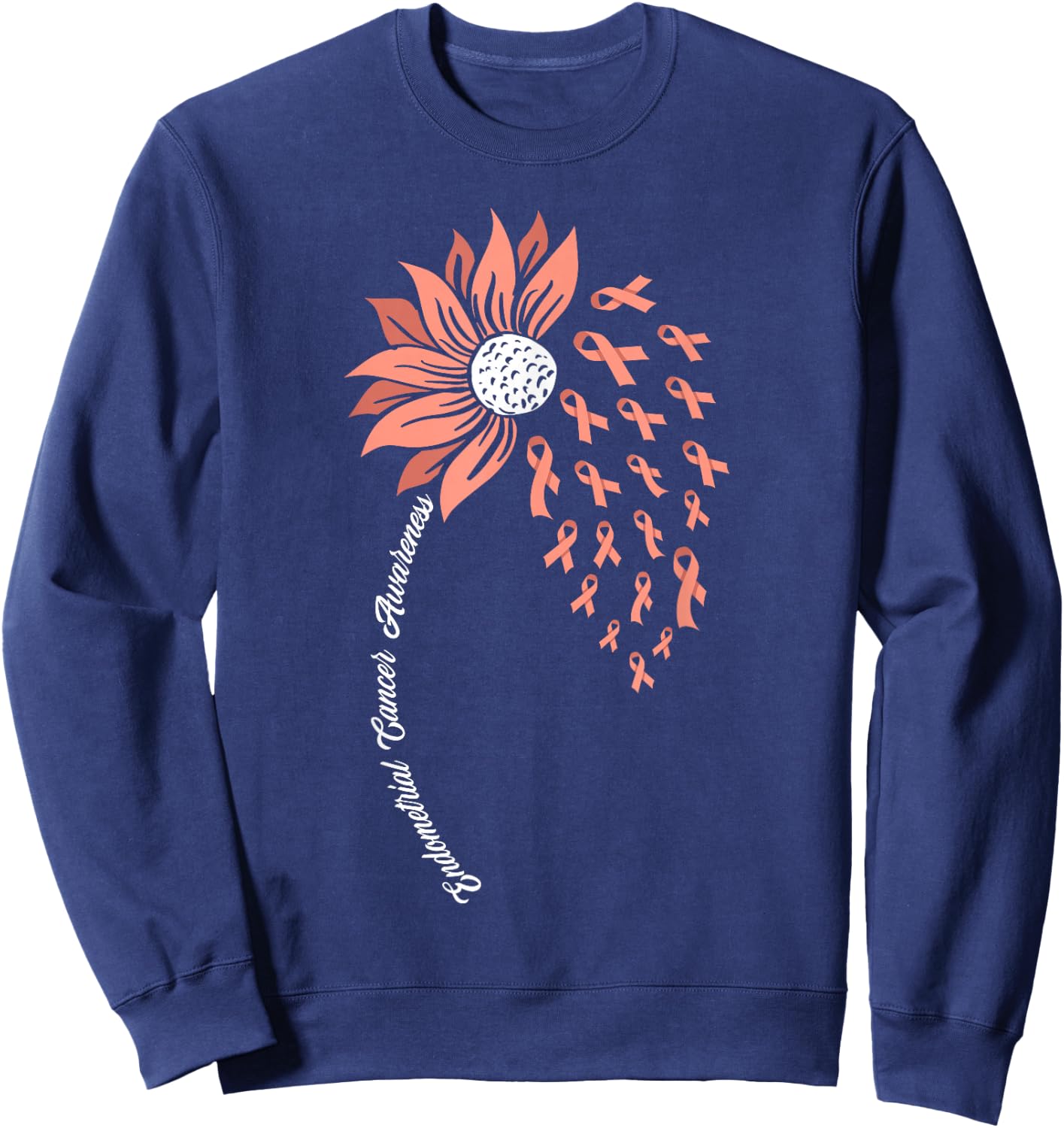 Sunflower Peach Ribbon Support Endometrial Cancer Awareness Sweatshirt - Sweatshirt | Navy