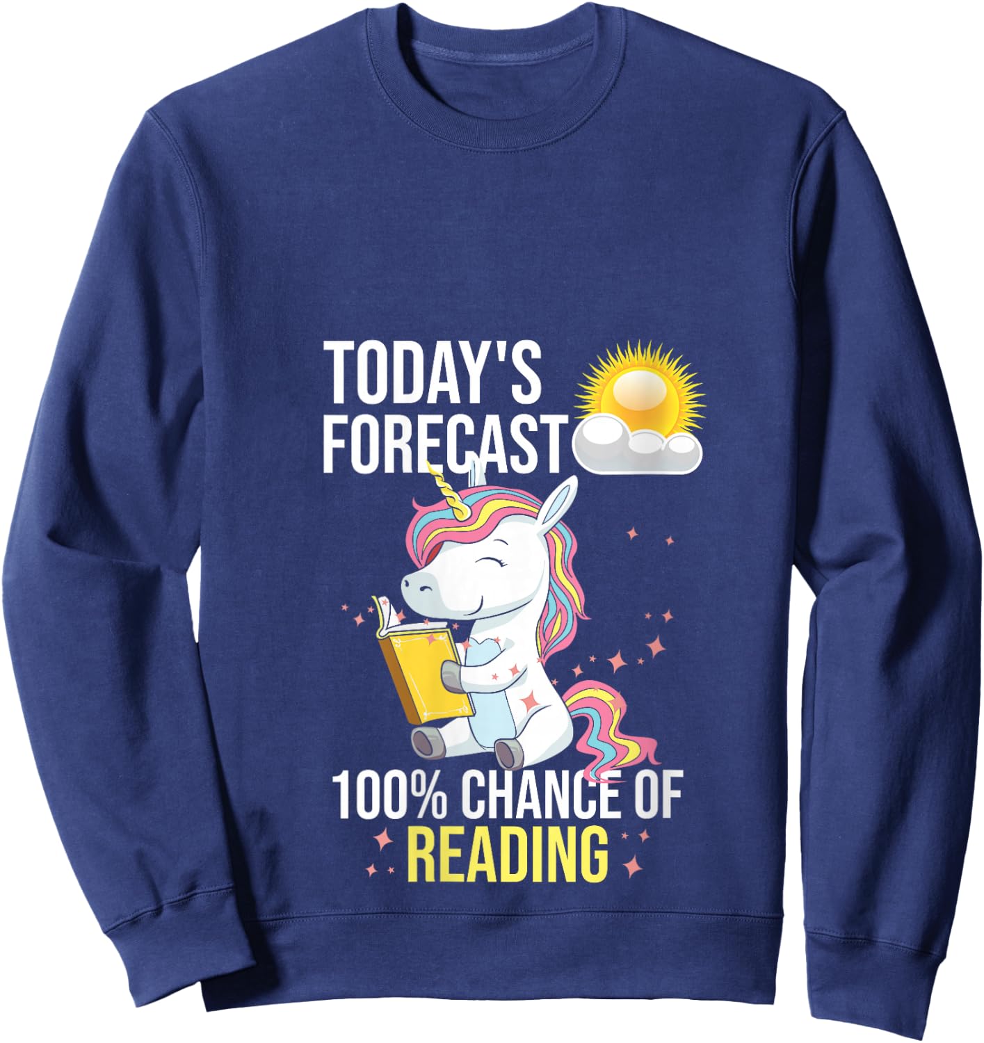 Women's 100% Chance of Reading Funny Book Lover Unicorn V-Neck Sweatshirt - Sweatshirt | Navy