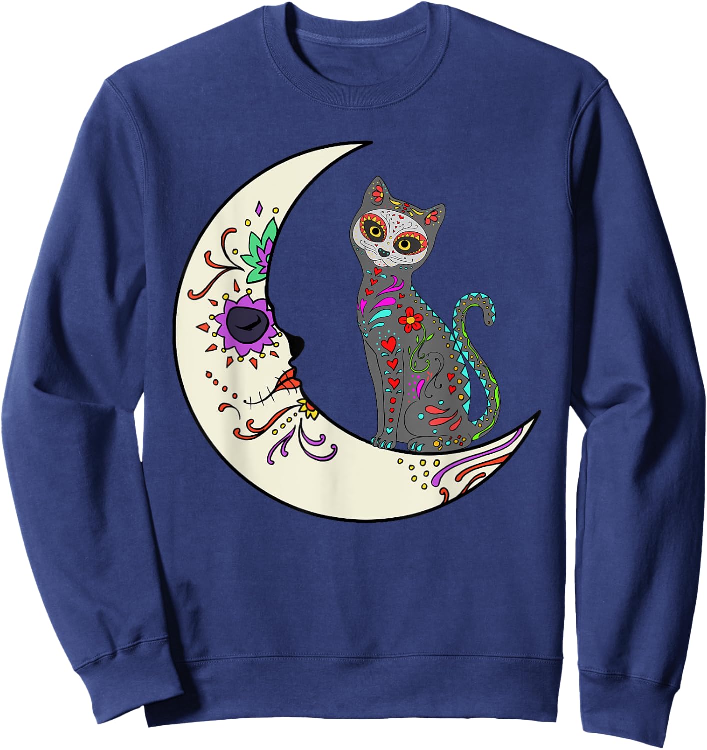 Day Of Dead Cat On The Moon Love Mexican Cat Sugar Skull Women Kids Sweatshirt - Sweatshirt | Navy