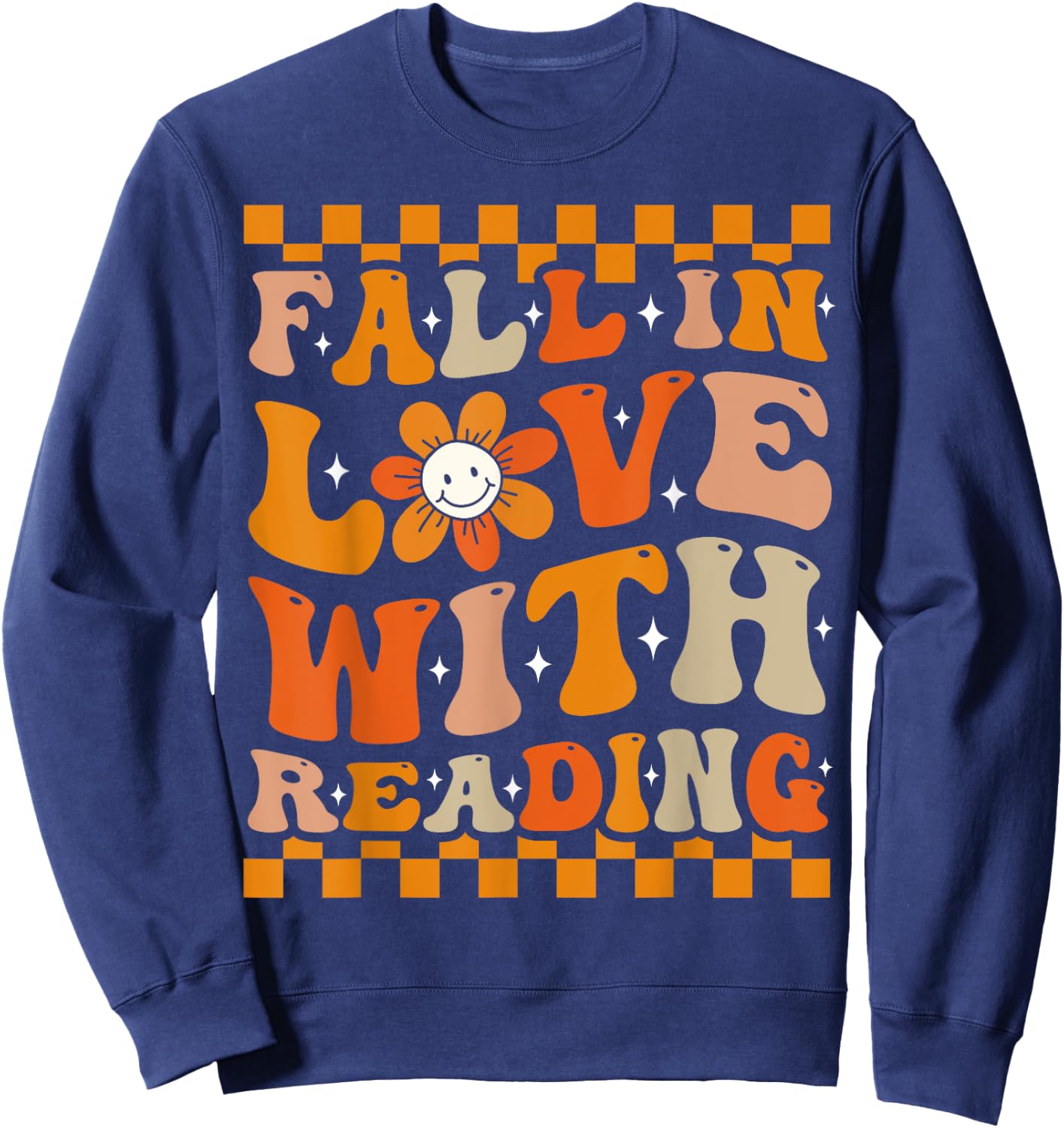 Fall In Love With Reading Books Groovy Thanksgiving Teacher Sweatshirt - Sweatshirt | Navy