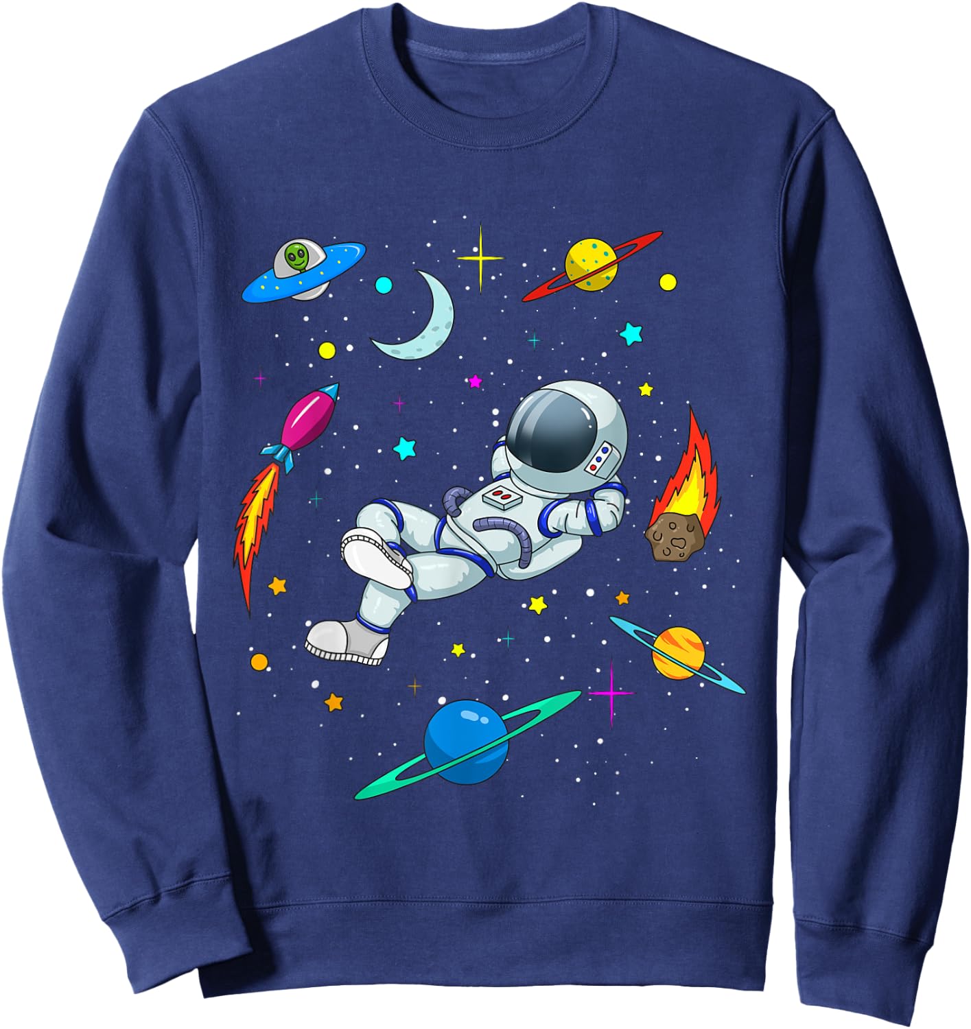Cute Astronaut in Outer Space with Rockets and Aliens - Boys Sweatshirt - Sweatshirt | Navy