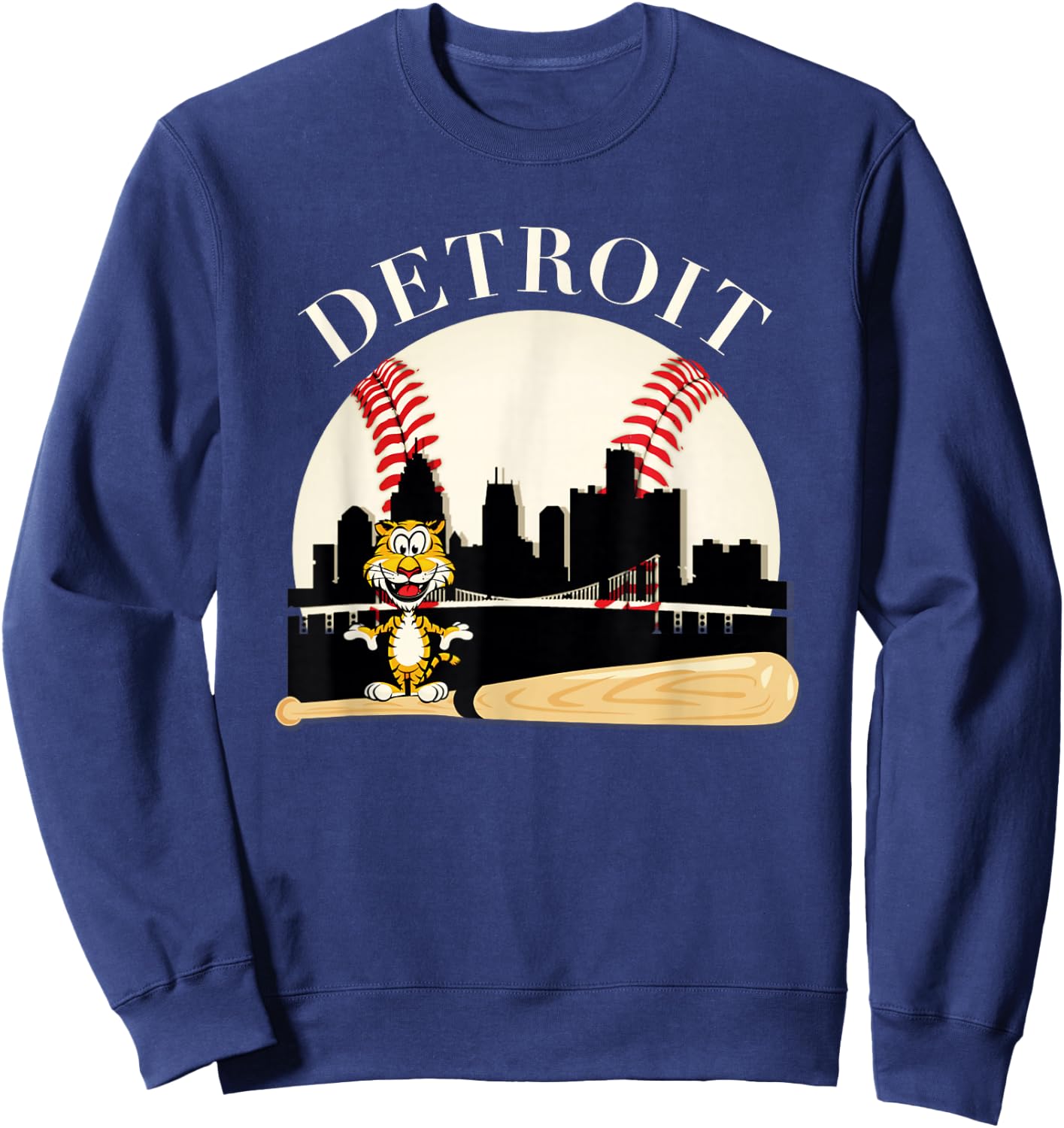 Detroit Baseball Tiger Mascot and Skyline Design Sweatshirt - Sweatshirt | Navy