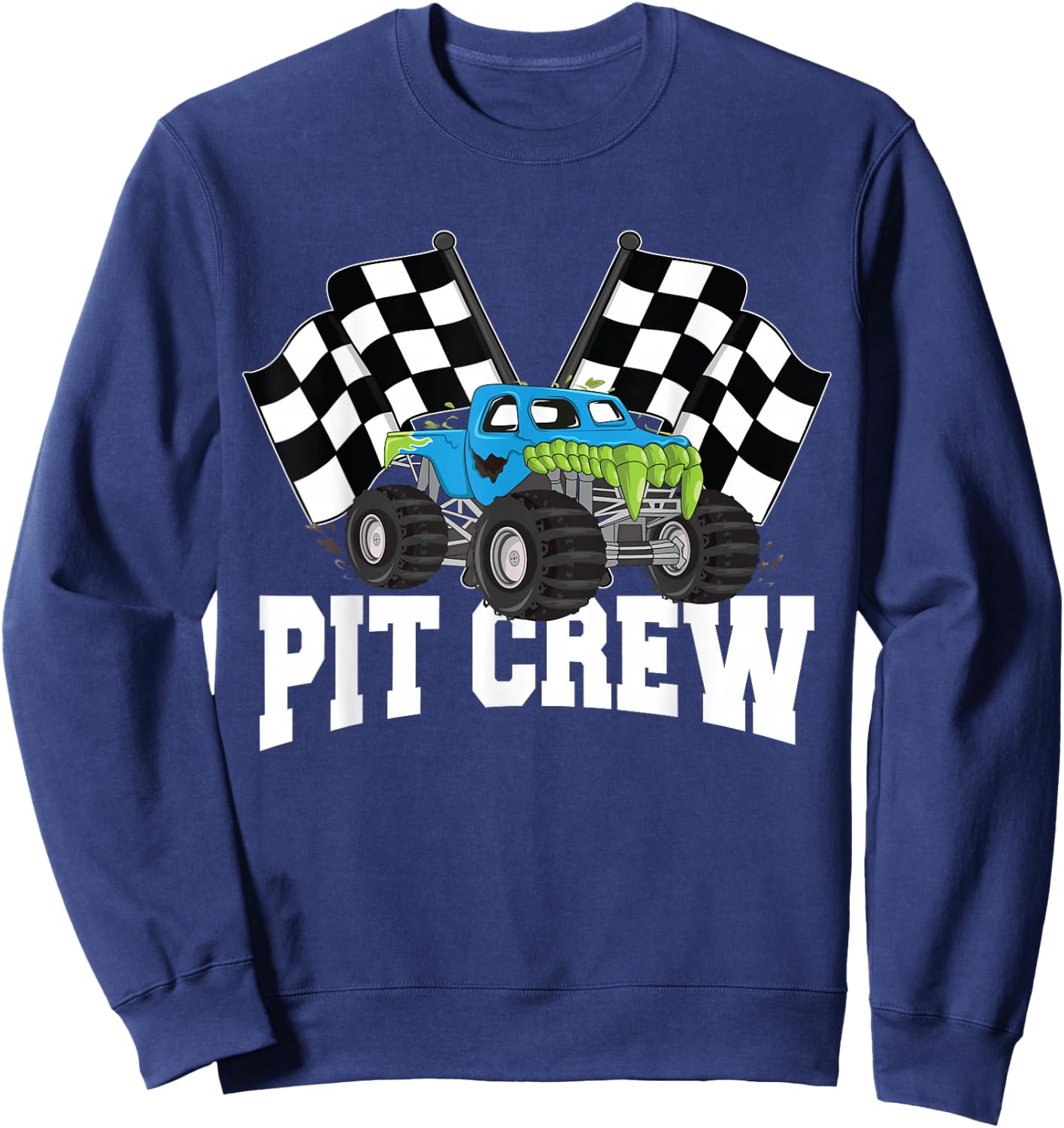 Pit Crew Monster Truck Racing Party and Checked Flag Sweatshirt - Sweatshirt | Navy