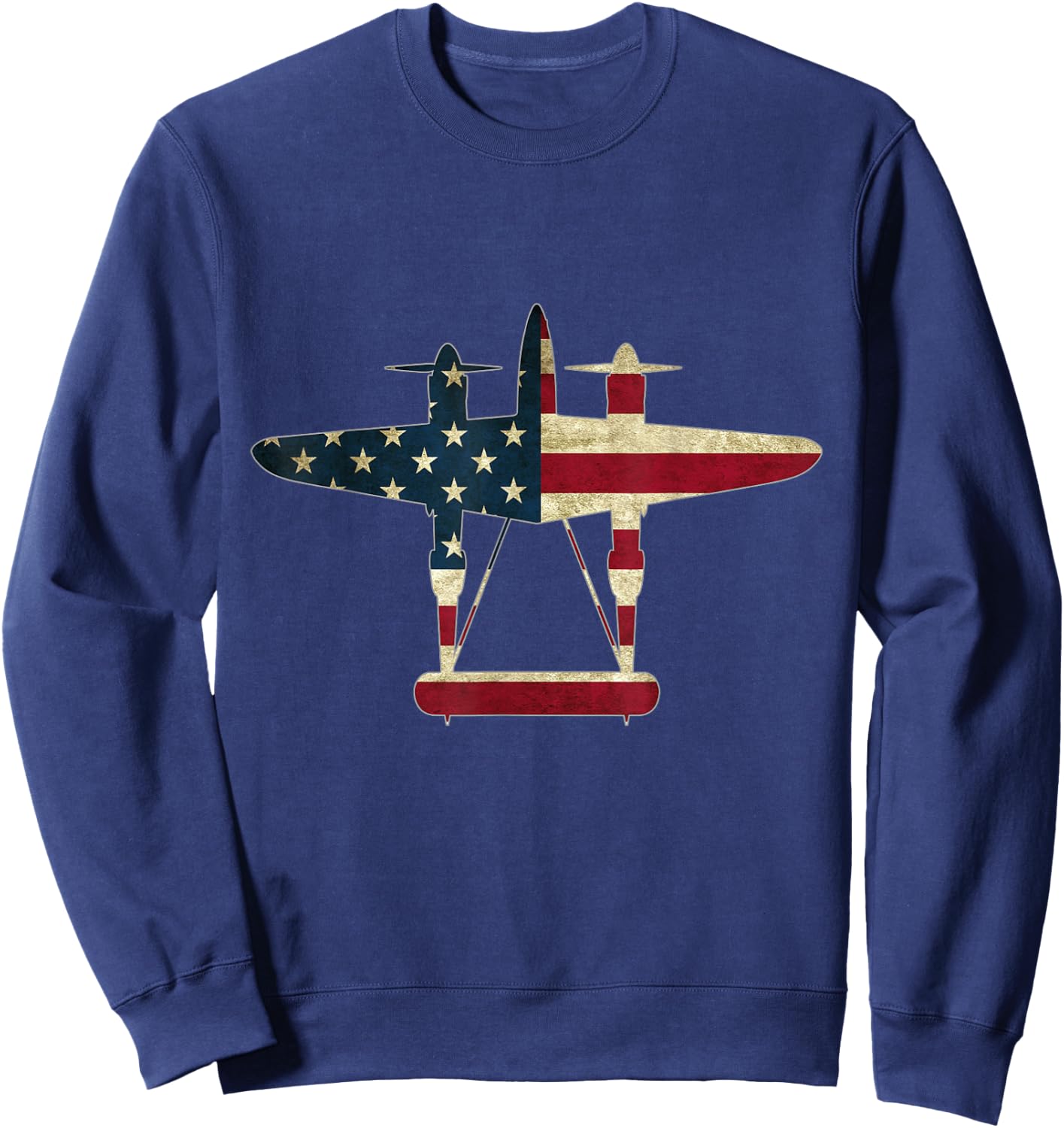 Retro USA Aircraft Warbird Pilot Gift Flag P-38 Lightning Sweatshirt - Sweatshirt | Navy