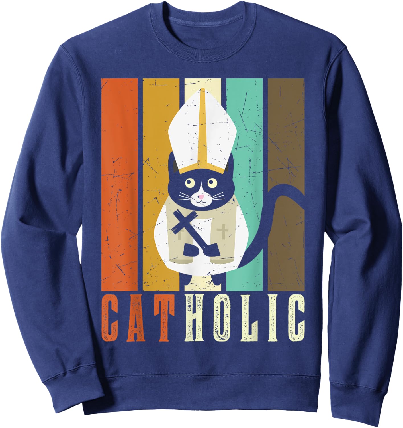 Funny Catholic T Shirts, Cat-holic Cat Lover Retro Vintage Sweatshirt - Sweatshirt | Navy