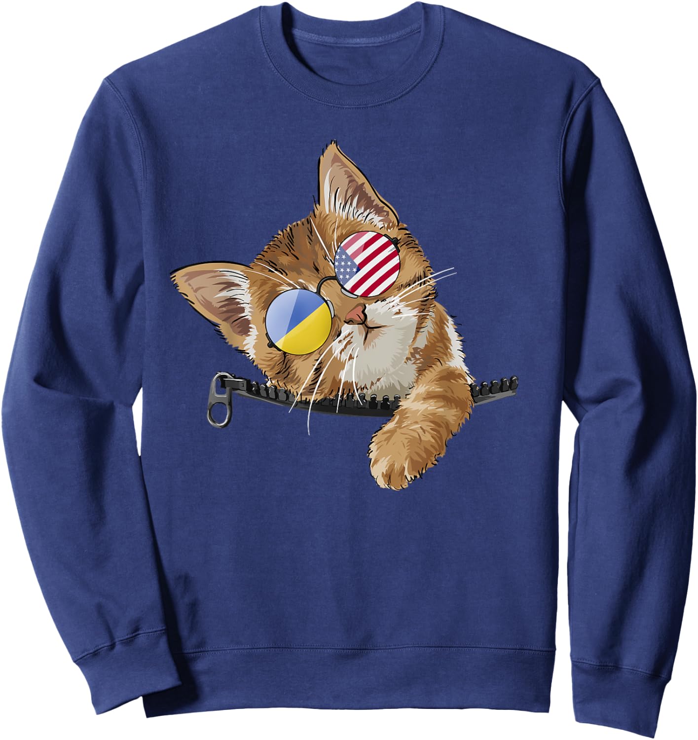 Cute Cat Kitten American Ukrainian Flag Sunglusses Sweatshirt - Sweatshirt | Navy