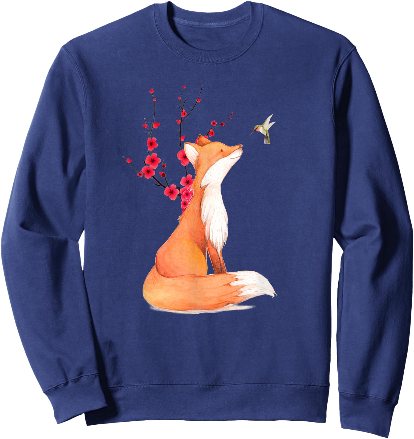 The Cute Fox And Hummingbird Cherry Blossom Flower Present Sweatshirt - Sweatshirt | Navy