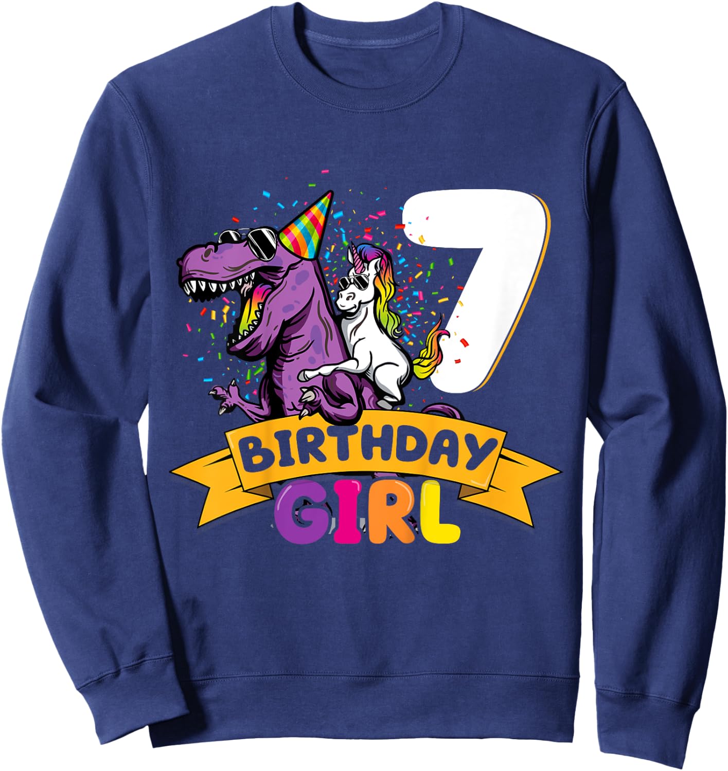 Dinosaur Unicorn 7 Birthday Decoration 7 Dino Girl 7 Years Sweatshirt - Sweatshirt | Navy