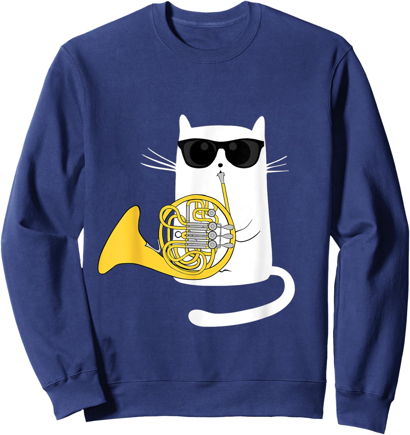 Funny Jazz Cat Wearing Sunglasses Playing French Horn Men Women Girls Kids Sweatshirt - Sweatshirt | Navy