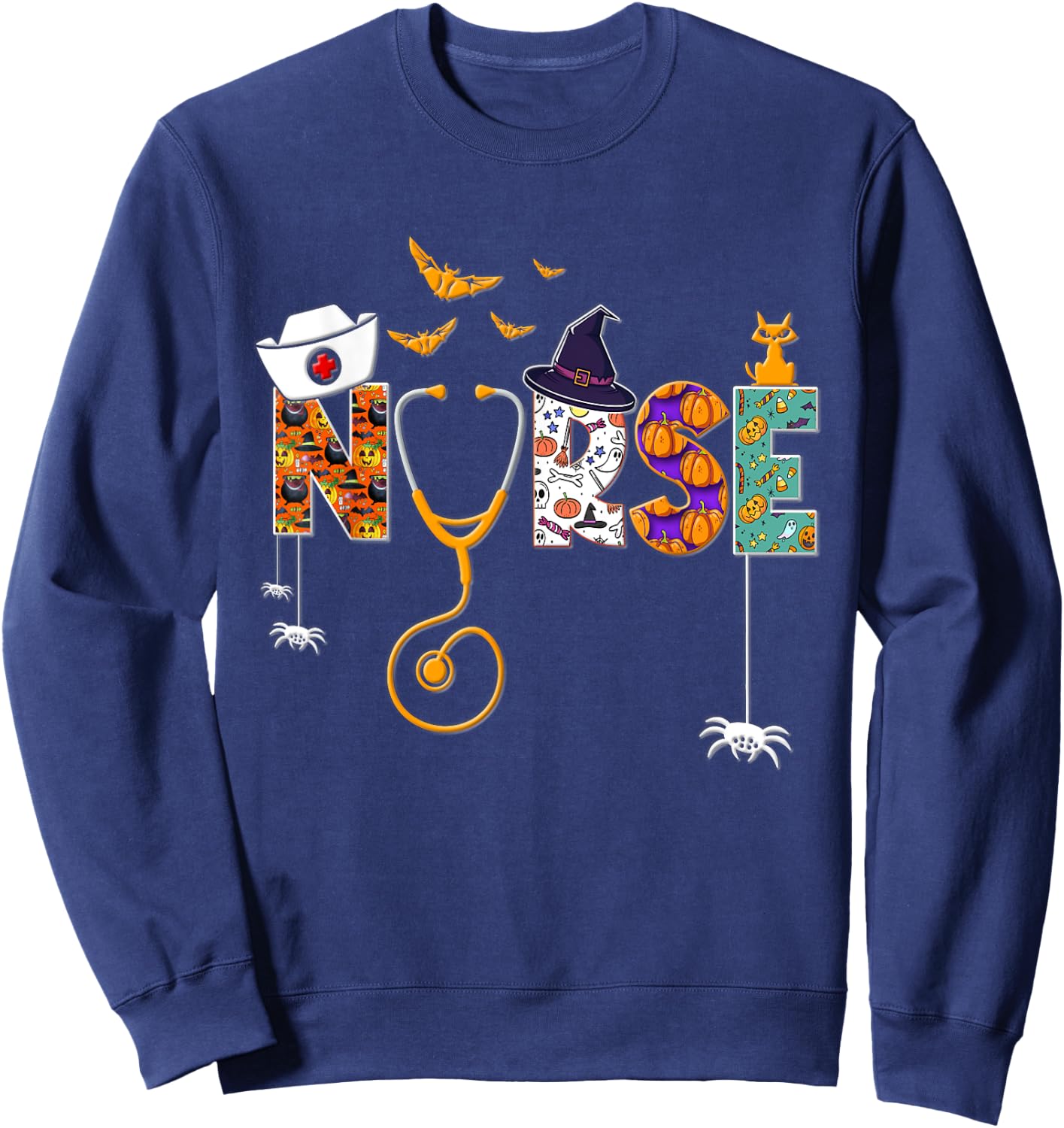 Halloween Nurse Nursing Cute Health Worker Halloween Pattern Sweatshirt - Sweatshirt | Navy