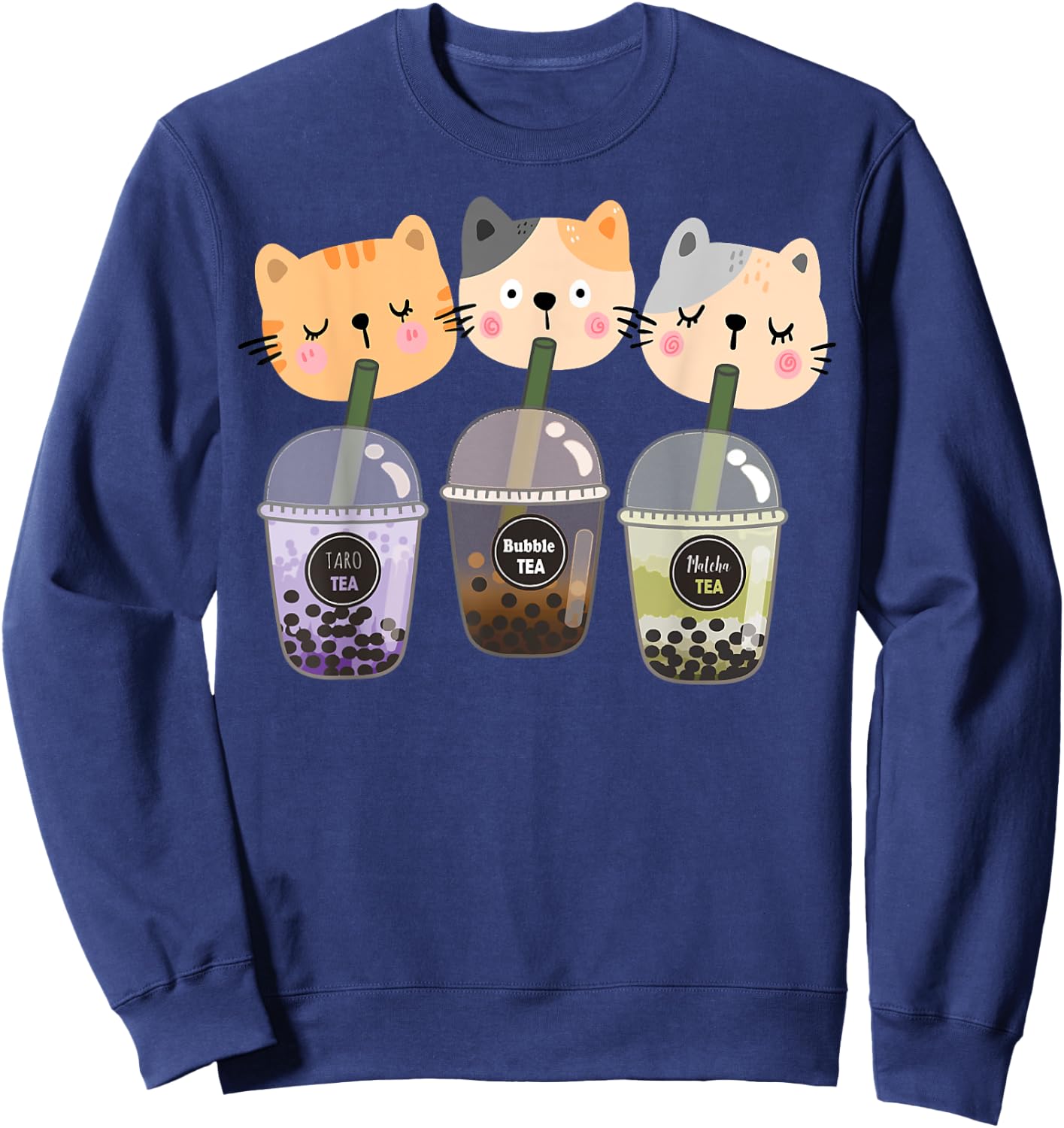 Boba Cat Drinking Boba Kitten Kawaii Japanese Kitty Sweatshirt - Sweatshirt | Navy