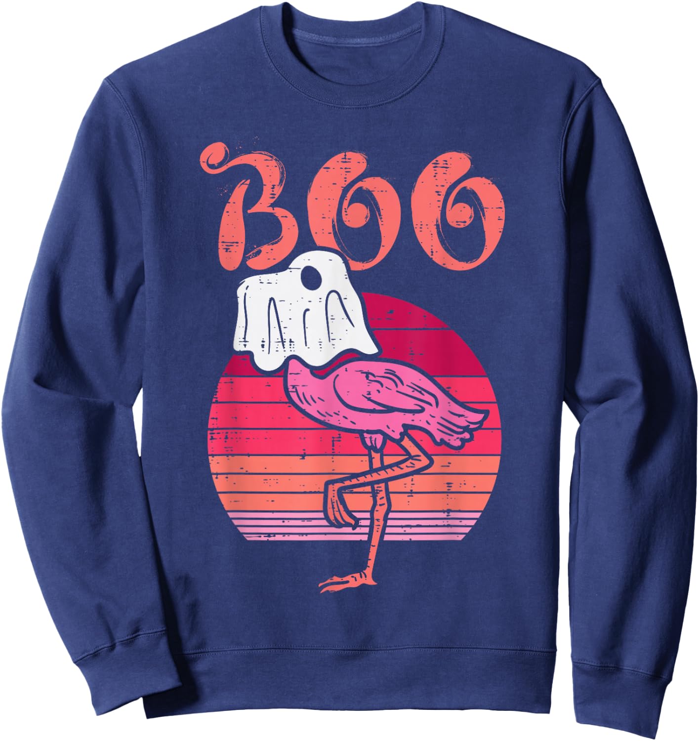 Flamingo Ghost Boo Pink Sunset Retro Halloween Bird Animal Sweatshirt - Sweatshirt | Navy