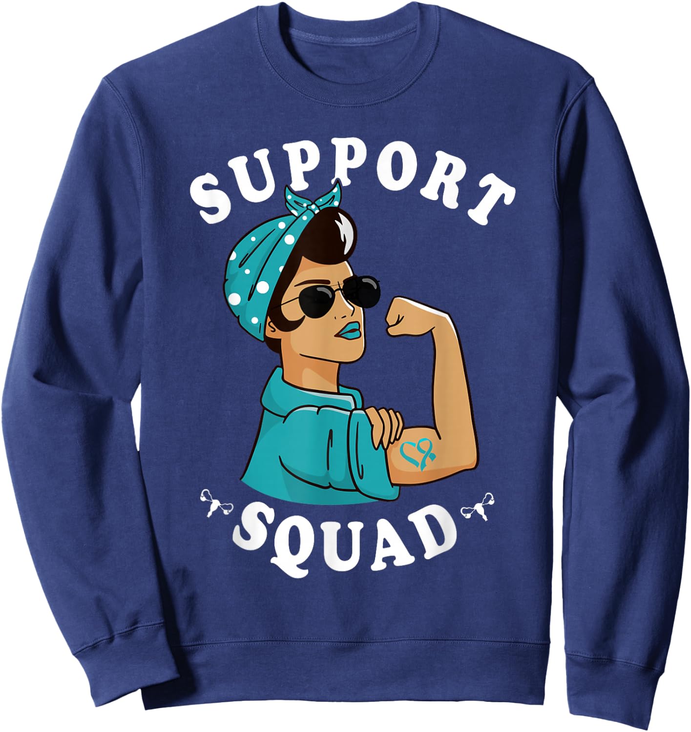 "Support Squad" Teal Ribbon Bandana Women Ovarian Cancer Sweatshirt - Sweatshirt | Navy