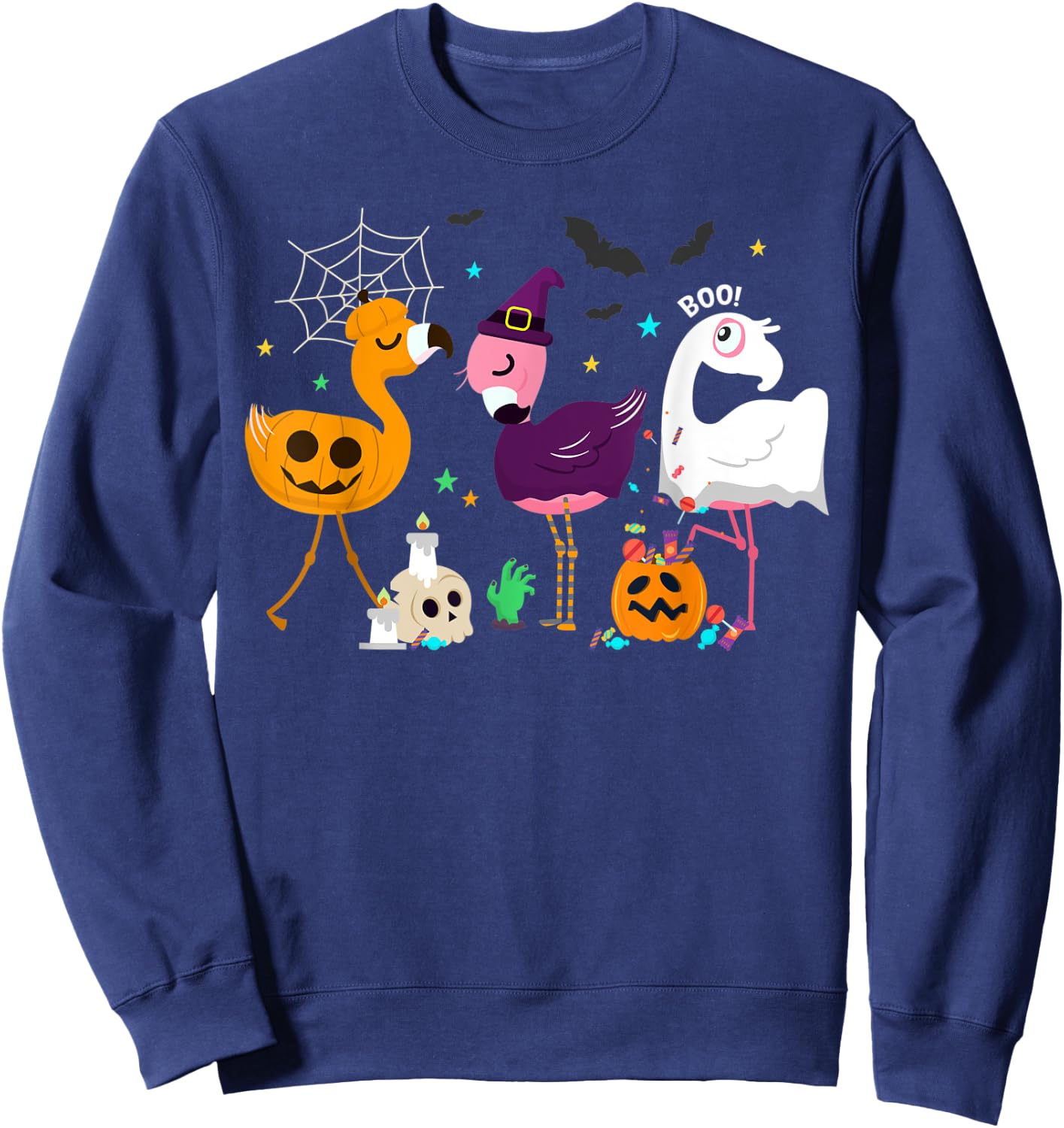 Flamingo Halloween Pumpkin Witch Ghost Happy Flamingoween Sweatshirt - Sweatshirt | Navy