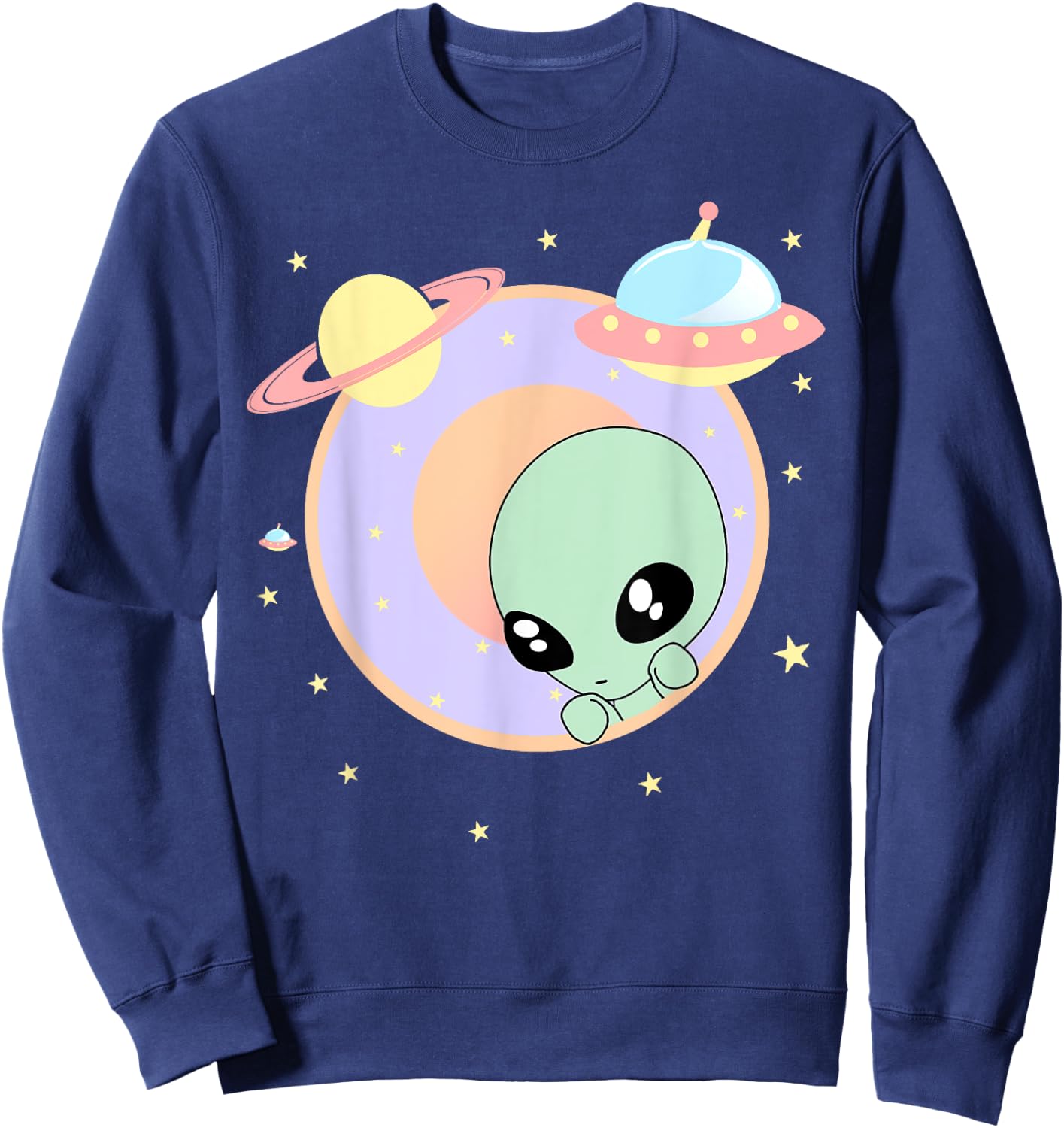 Chibi Alien Kawaii Pastel Cute Green Man Space UFO Sweatshirt - Sweatshirt | Navy