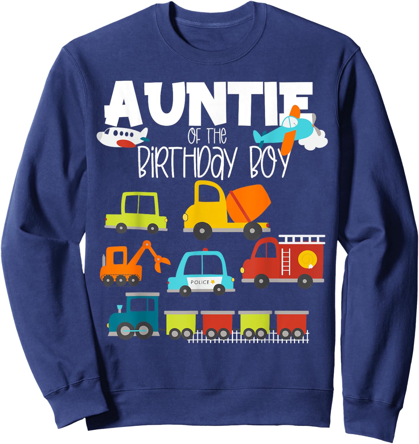 Auntie Of The Birthday Boy Family Matching Train Fire Truck Sweatshirt - Sweatshirt | Navy