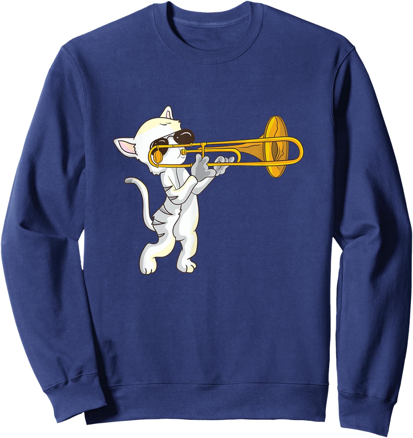 Cat Playing The Trombone Musical Instrument Domestic Cat Sweatshirt - Sweatshirt | Navy