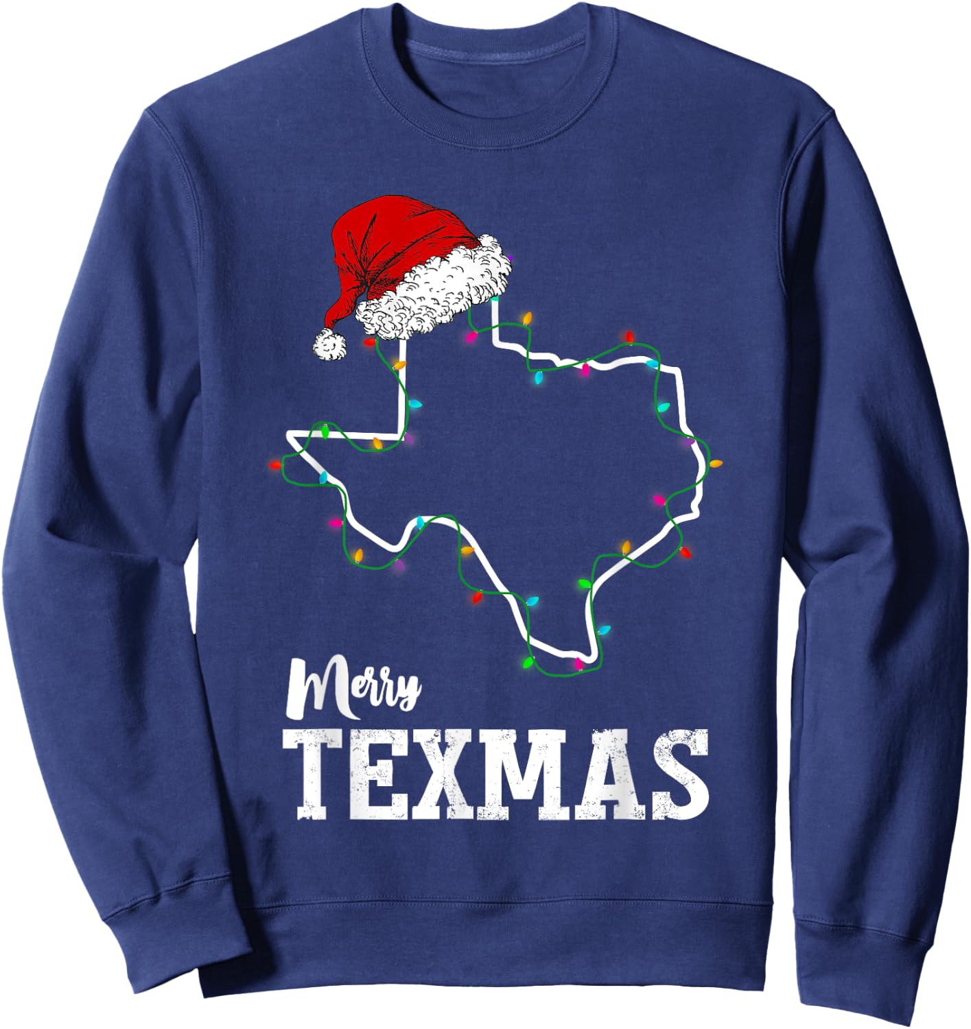 Merry Texmas Texas State Christmas Light Outline Santa Hat Sweatshirt - Sweatshirt | Navy
