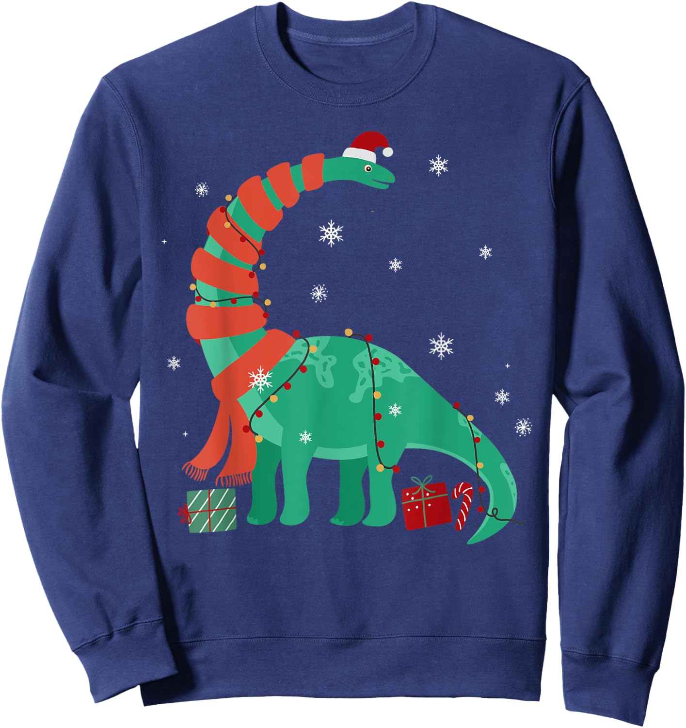 Funny Christmas Dinosaur Santa Xmas Lights Brontosaurus Sweatshirt - Sweatshirt | Navy