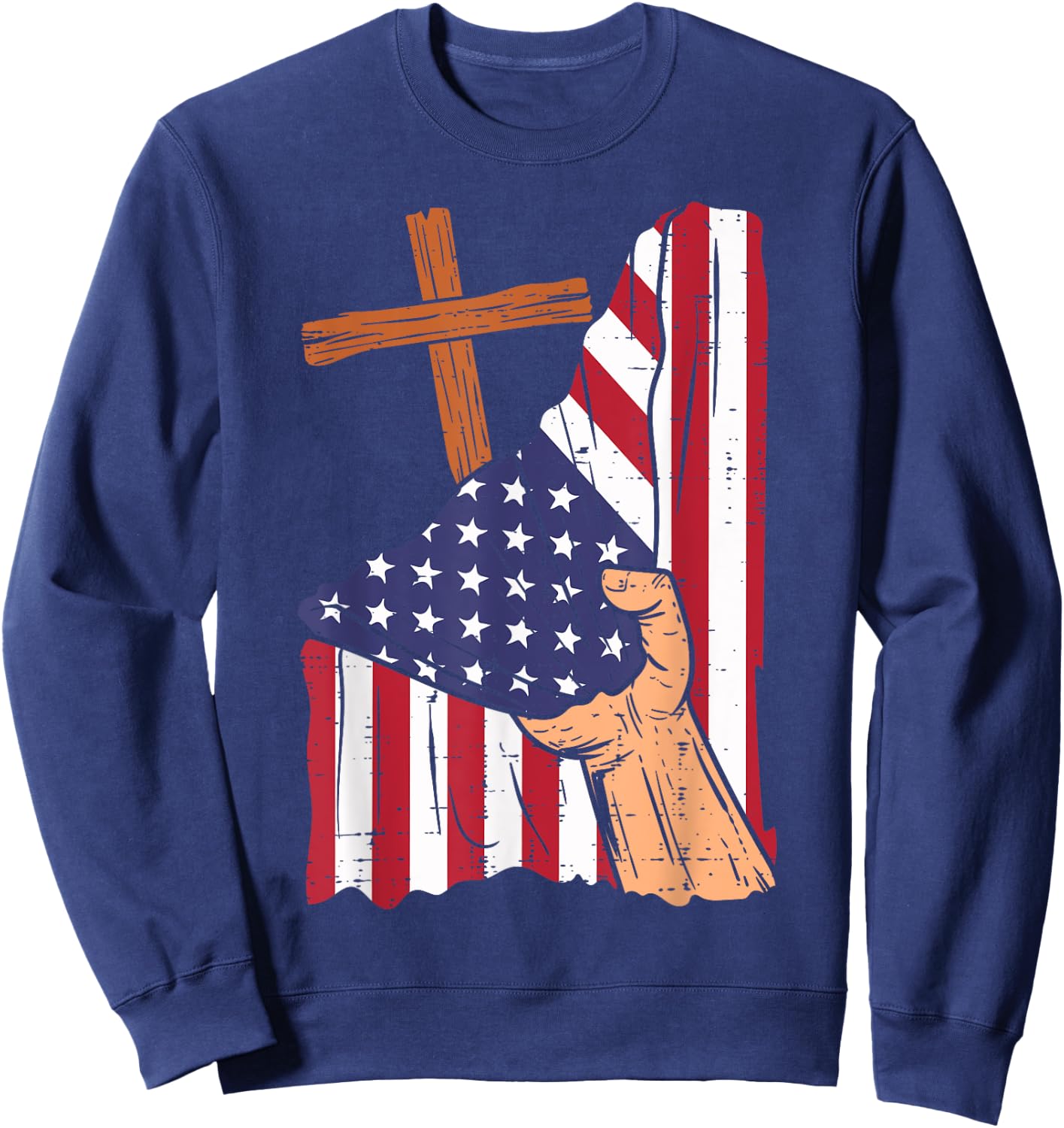 Cross Behind US Flag Religious God Jesus Patriotic Christian Sweatshirt - Sweatshirt | Navy