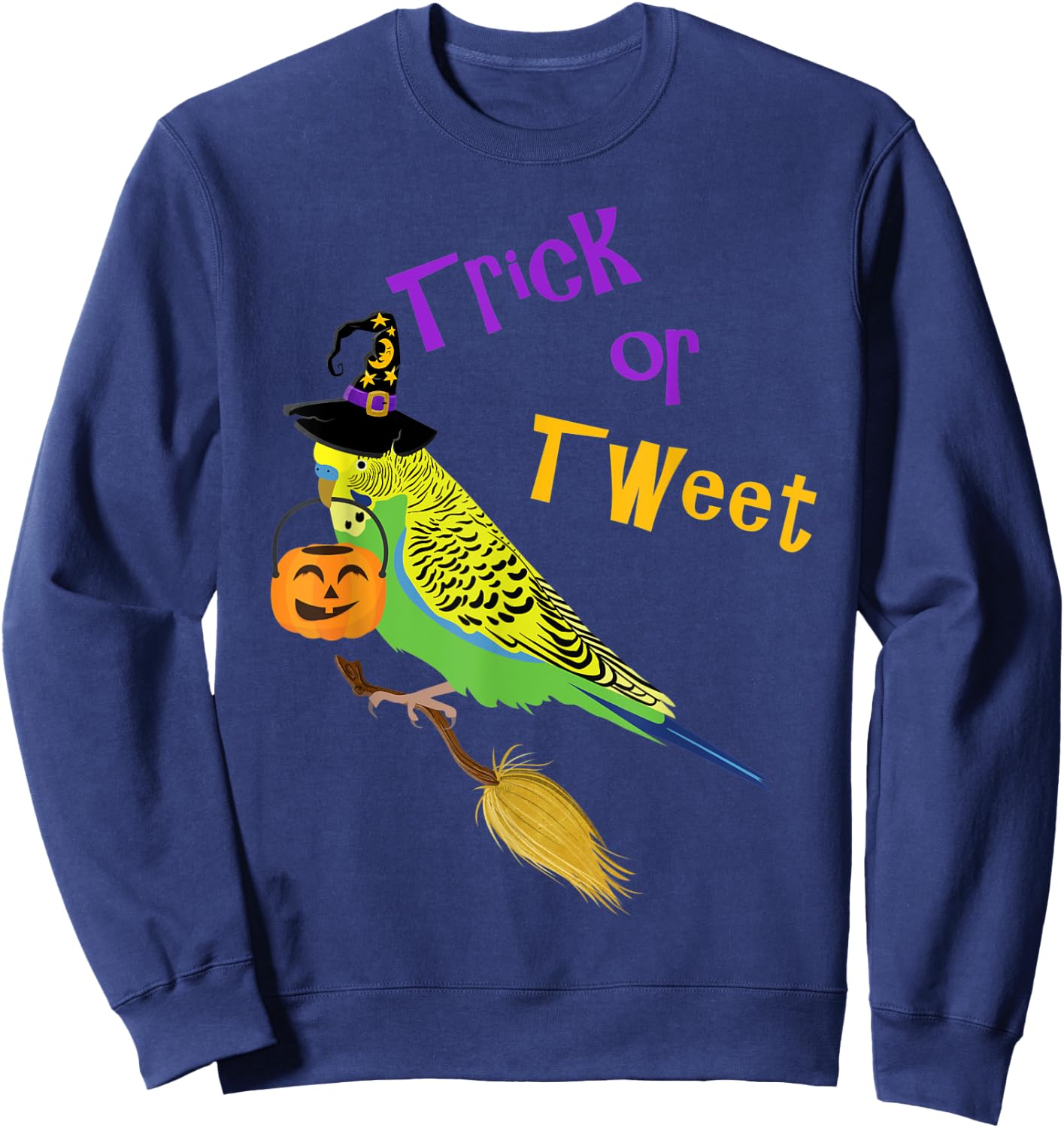 Halloween Trick or Tweet green budgie cute graphic bird Sweatshirt - Sweatshirt | Navy