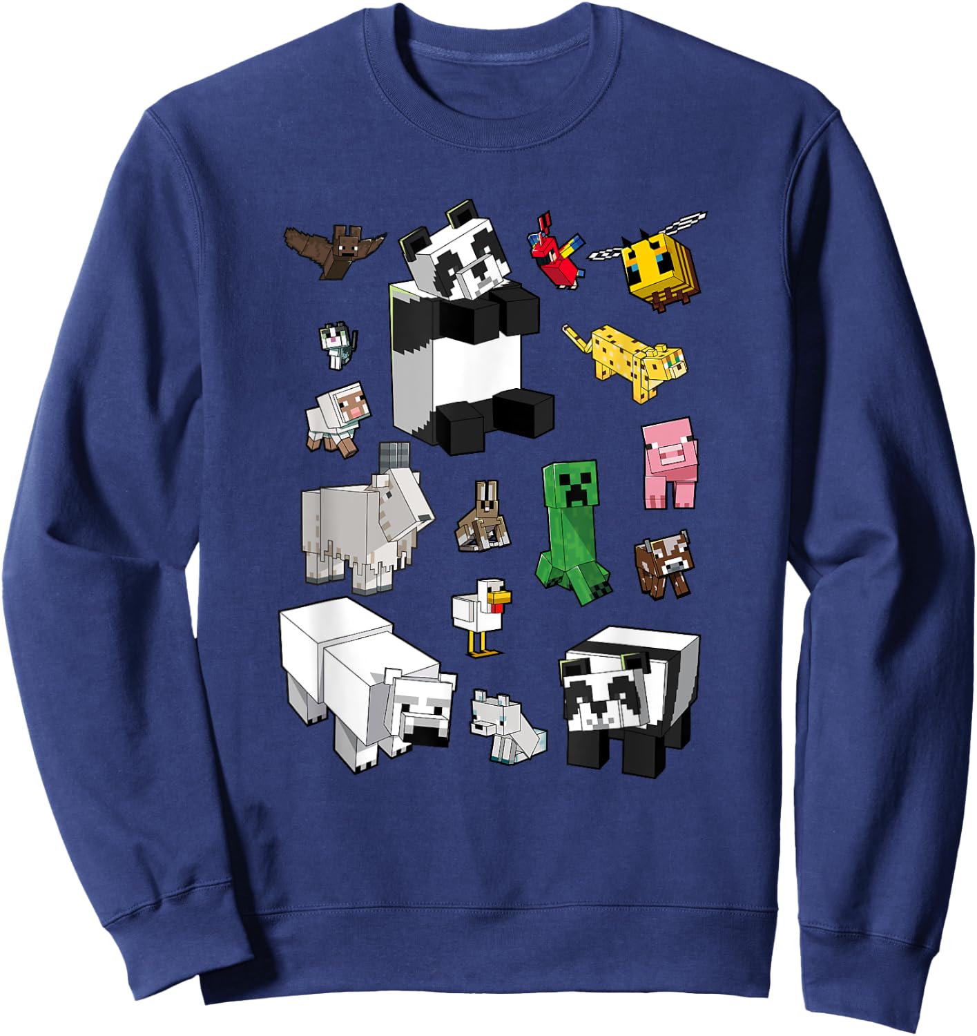 Minecraft Adults Kids , Blue, Small, Short Sleeve, Classic Fit, Cartoon Panda Graphic, Minecraft Overworld Mob Grid Poster Sweatshirt - Sweatshirt | Navy