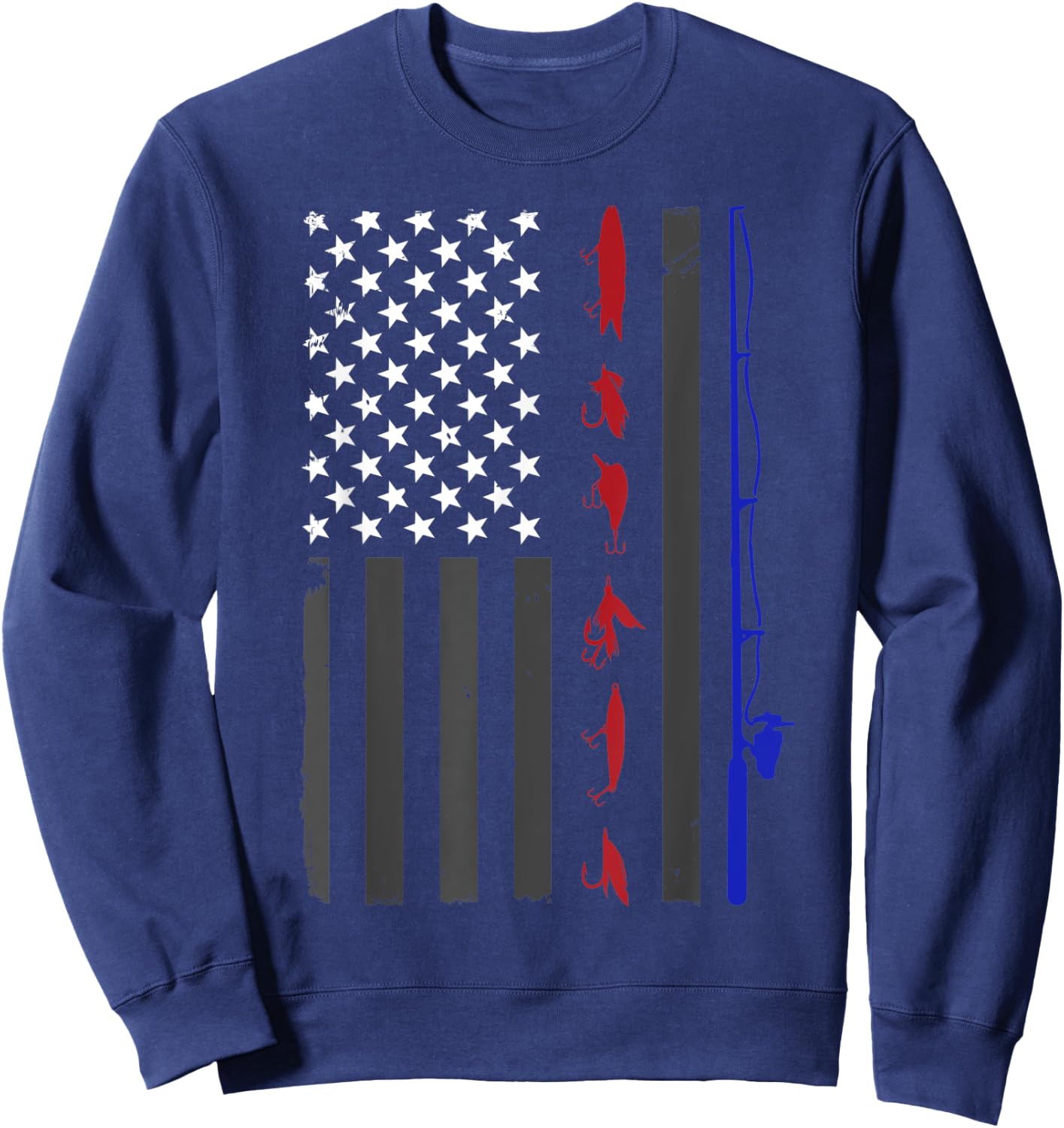 American Flag Fishing Vintage Fishing Pole and Lures Women Kids Men Sweatshirt - Sweatshirt | Navy