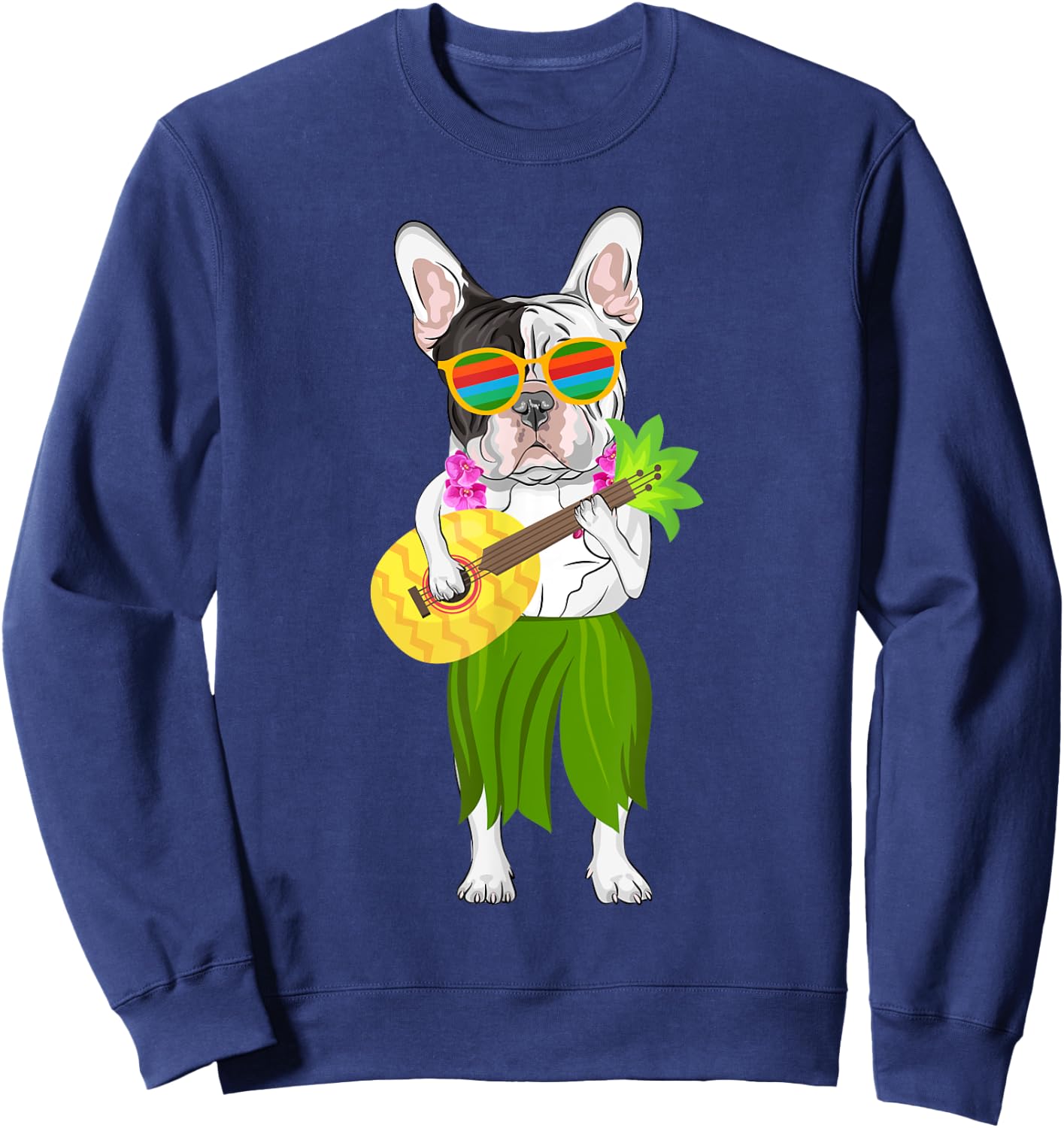Hawaiian French Bulldog & Pineapple Ukulele Summer Vacation Sweatshirt - Sweatshirt | Navy