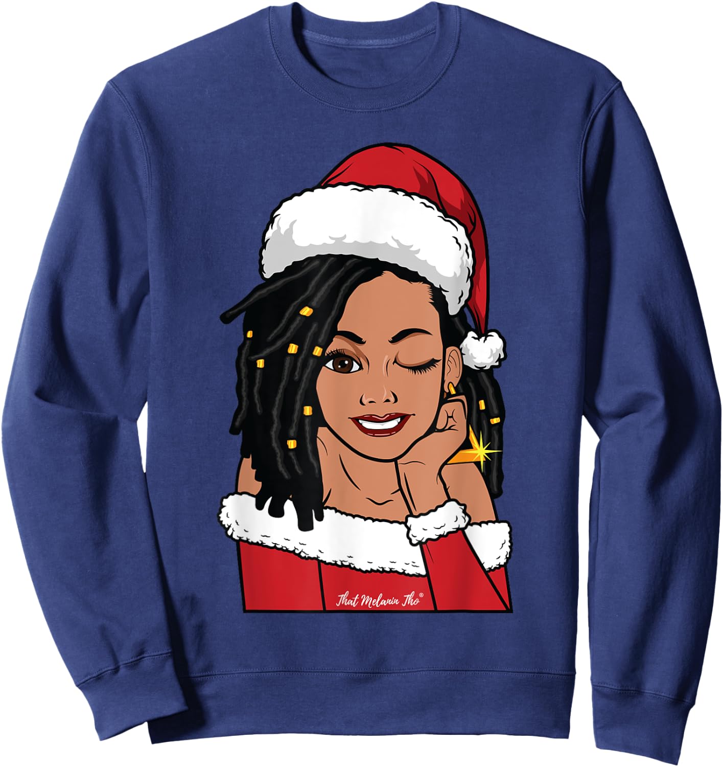Black Mrs. Claus Locs Winking African American Christmas Sweatshirt - Sweatshirt | Navy