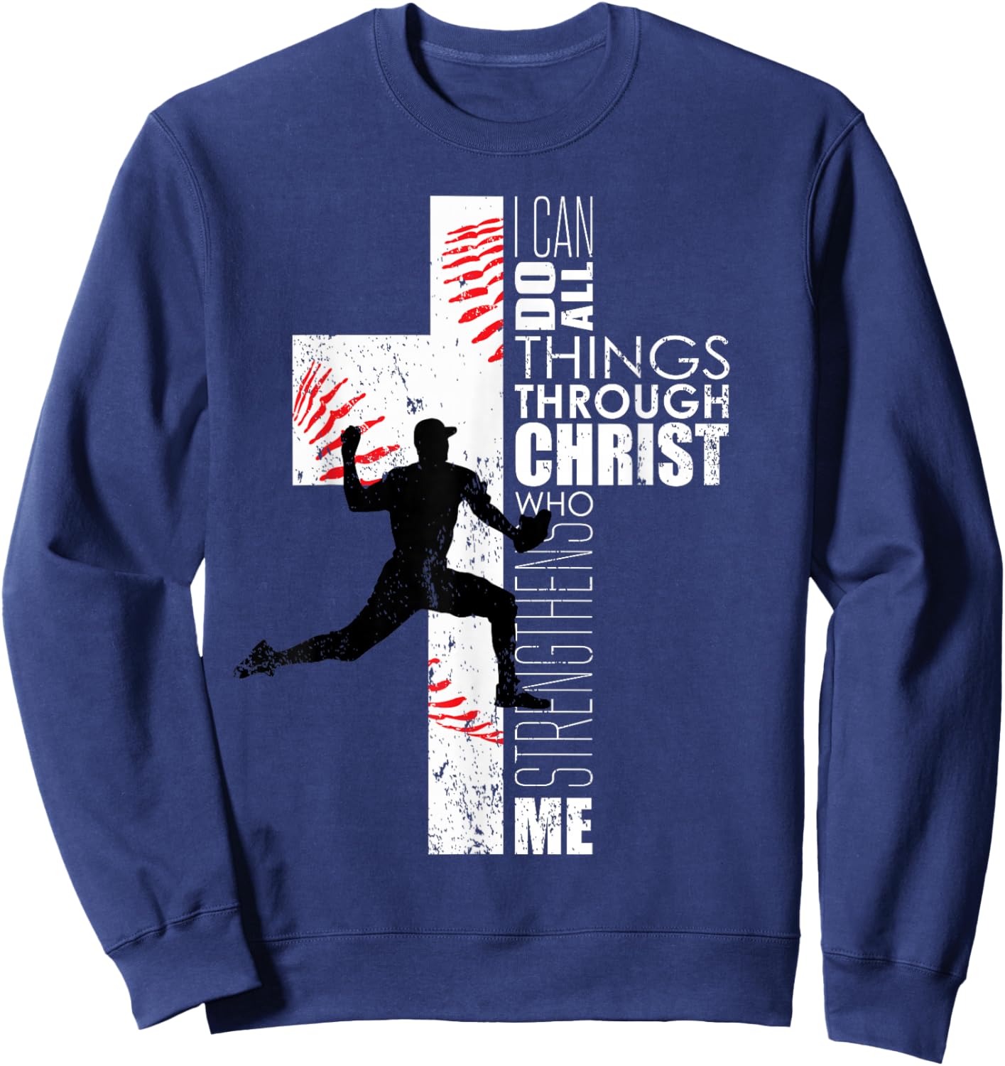 Christian Bible Verse Cross Men Boys Baseball Pitcher Sweatshirt - Sweatshirt | Navy