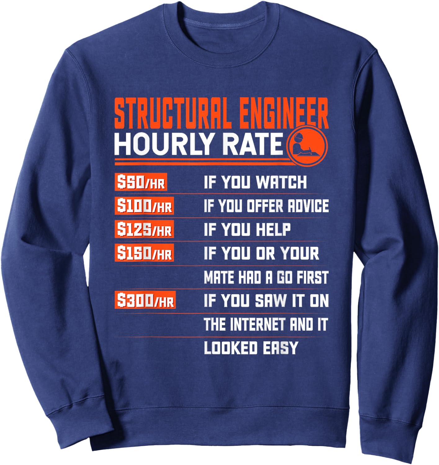 Structural Engineer Hourly Rate Funny - Black, -Adults, Small, Short Sleeve, Classic Fit, Cotton Blend, , Modern Sweatshirt - Sweatshirt | Navy